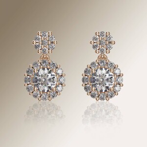 Rose Gold Halo Round Cluster Drop Diamond Earrings