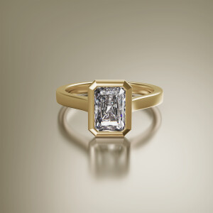 Yellow Gold Tube Solitaire Radiant Cut Diamond Ring