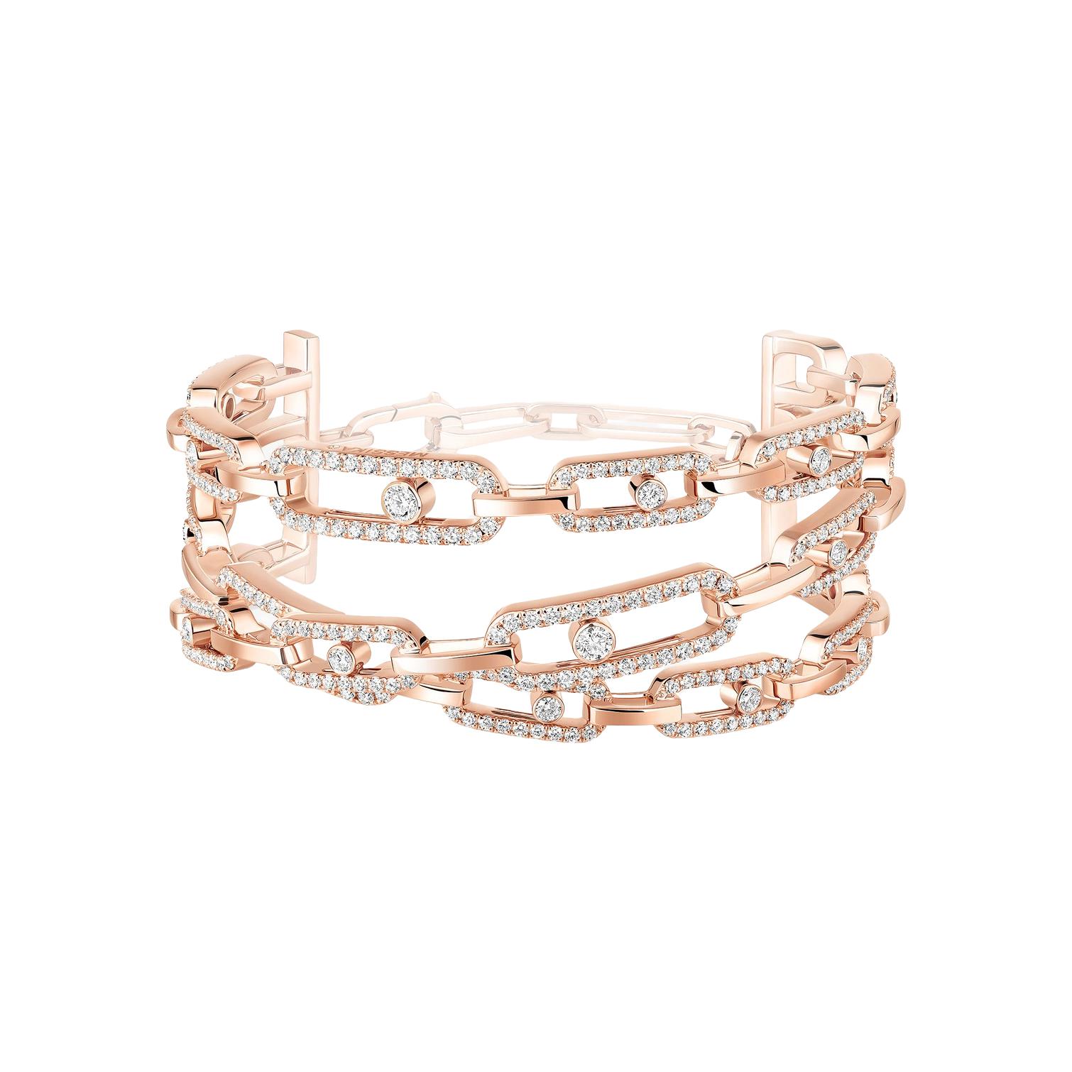 Bracelet manchette Messika Move Link 3 rangs en or rose et diamants