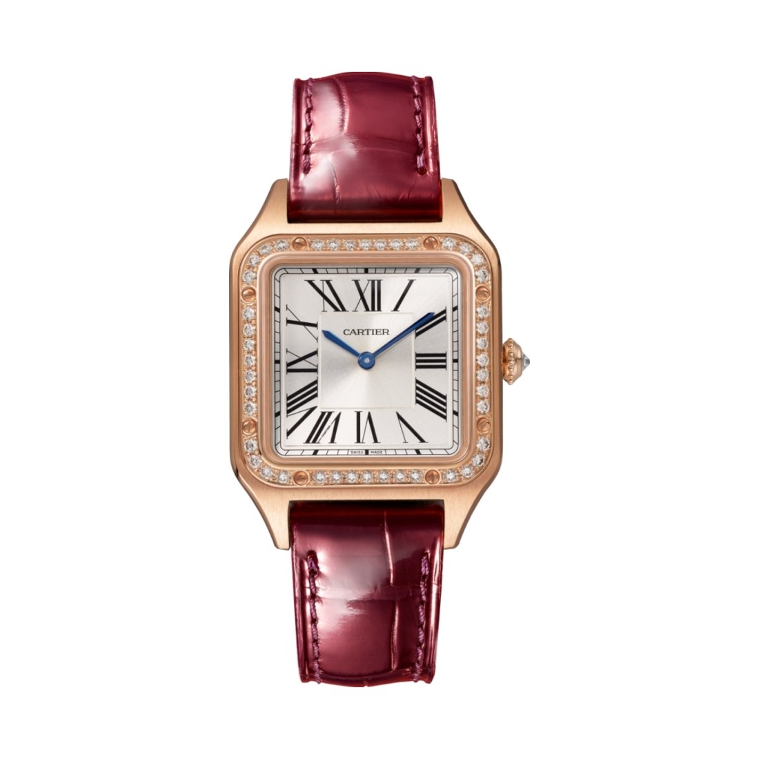 Montre Santos-Dumont Petit modèle, mouvement quartz, or rose, diamants, cuir