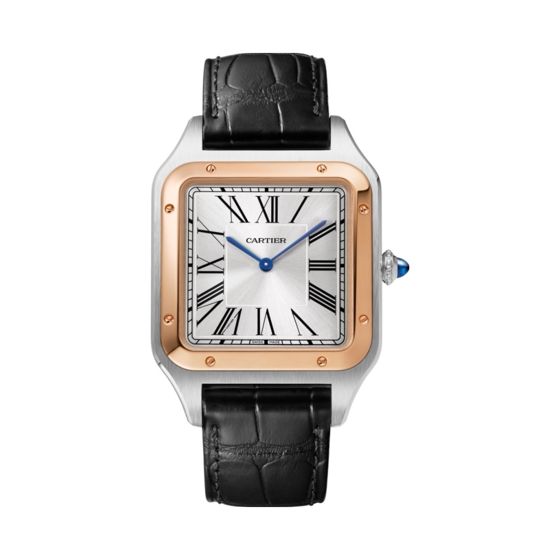 Montre Santos-Dumont, Modèle extra-large, mouvement mécanique manuel, or rose, acier, cuir
