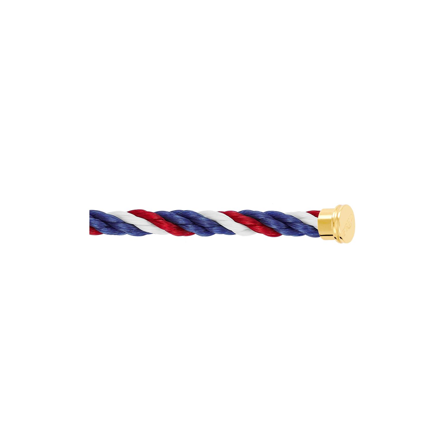 Câble FRED interchangeable Grand Modèle en corderie bleu blanc rouge, embouts acier plaqué or jaune