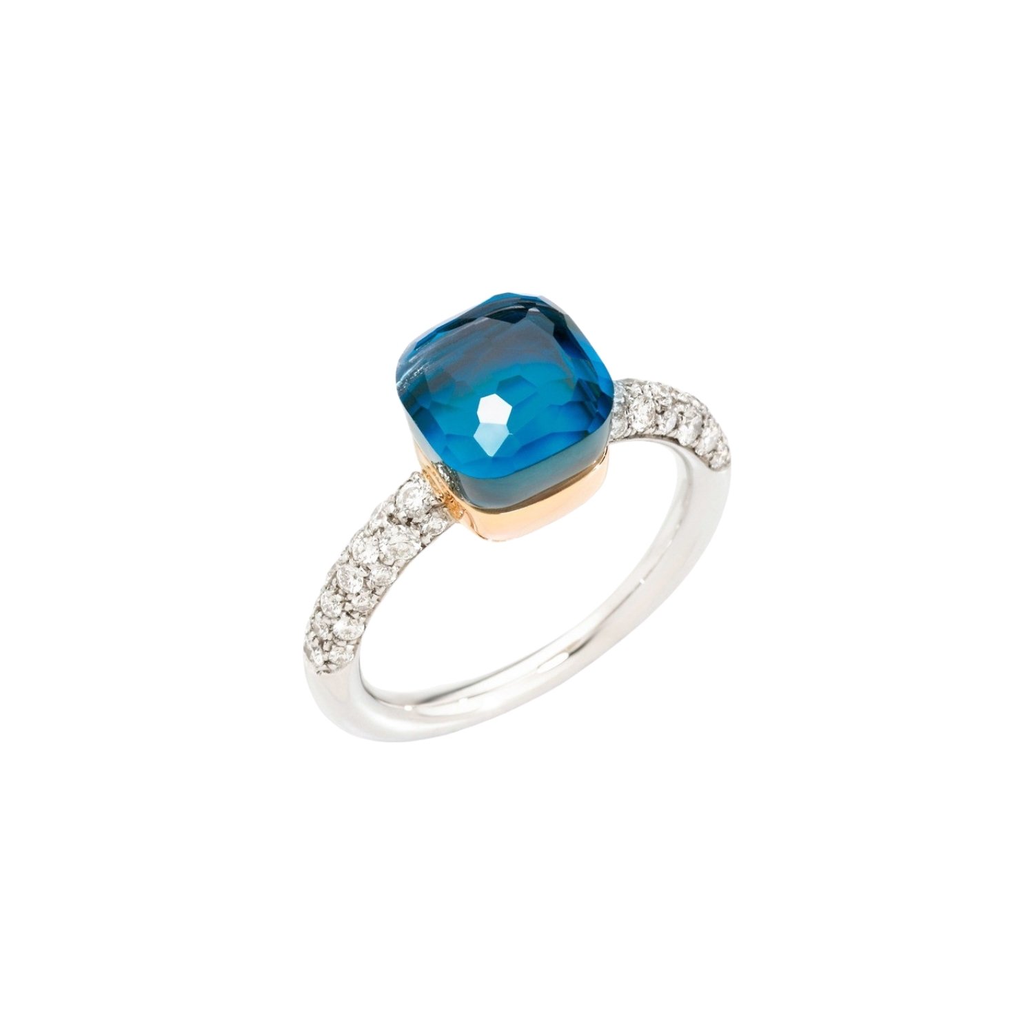 Bague Pomellato Nudo Petit en or blanc, or rose, topaze Blue London, turquoise et diamants