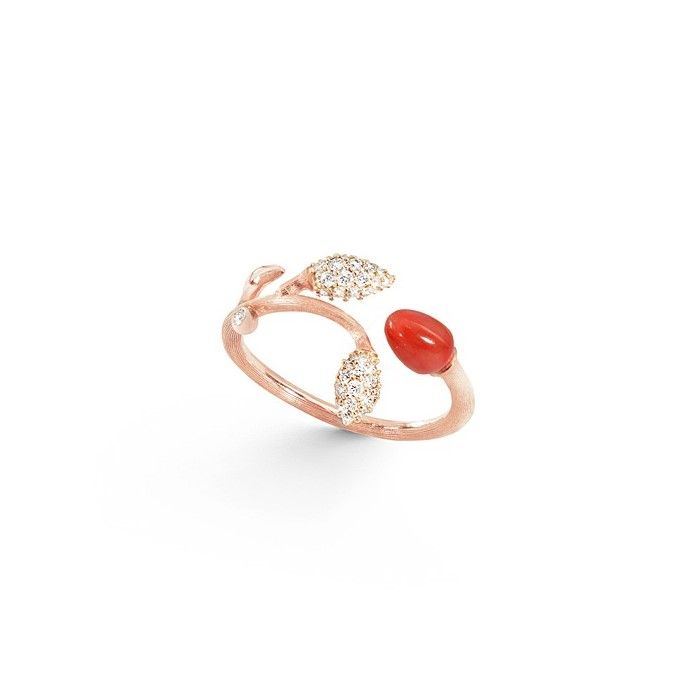 Bague Ole Lynggaard Blooming en or rose, or jaune, corail rouge et 44 diamants