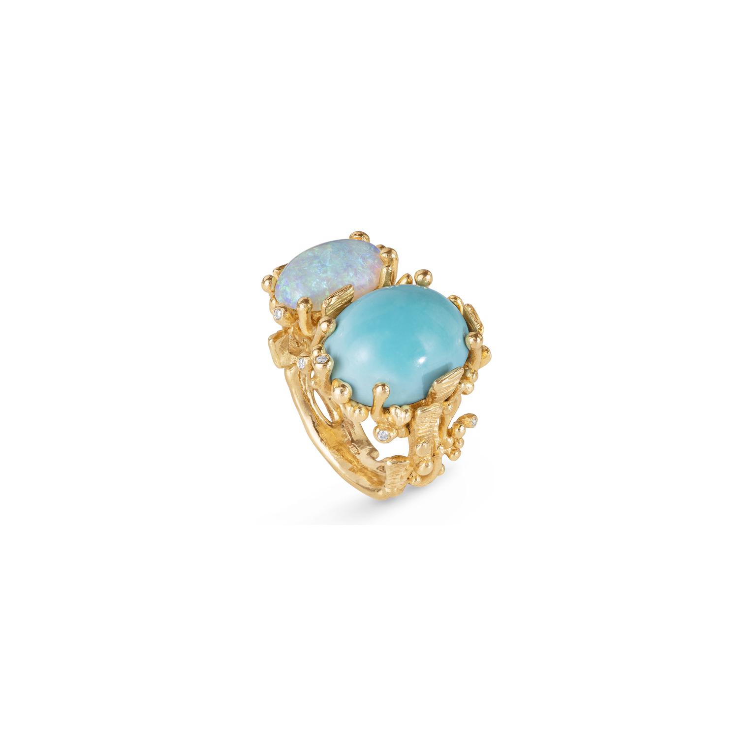 Bague Ole Lynggaard Boho en or jaune, turquoise, opale et diamants