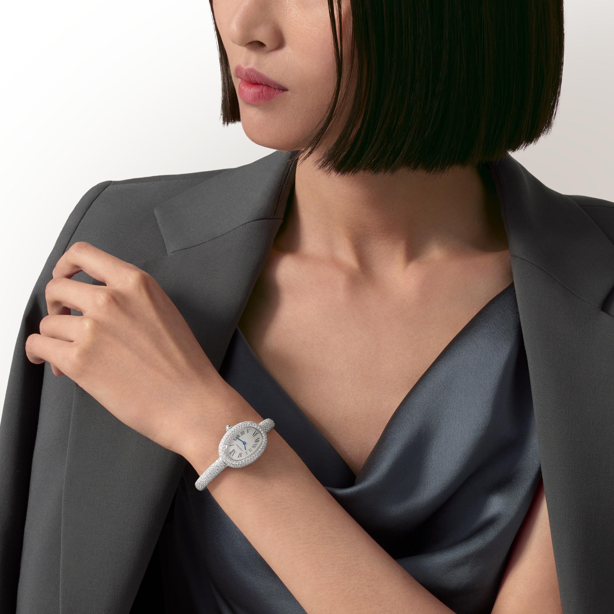 Montre Baignoire de Cartier Petit modèle, taille 15, mouvement quartz, or gris, diamants