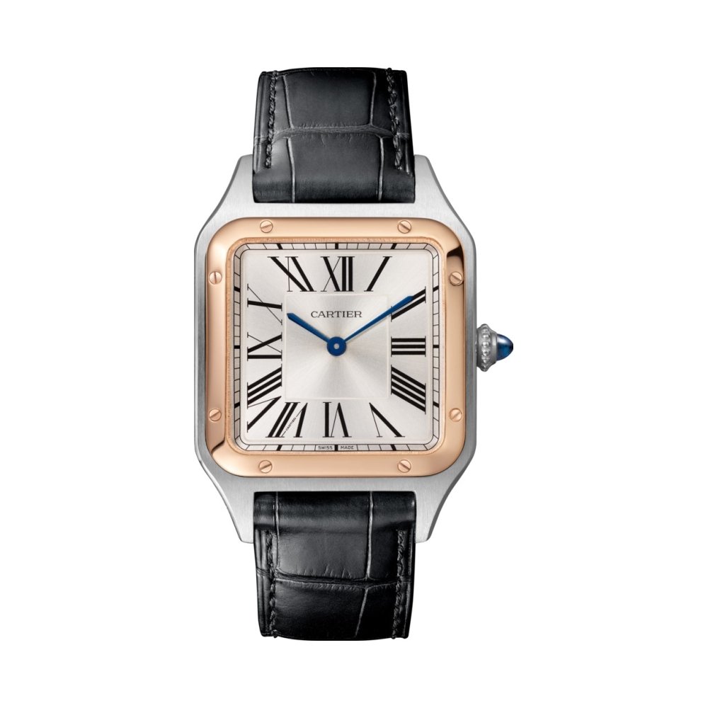 Montre Santos-Dumont Grand modèle, mouvement quartz, or rose, acier, cuir