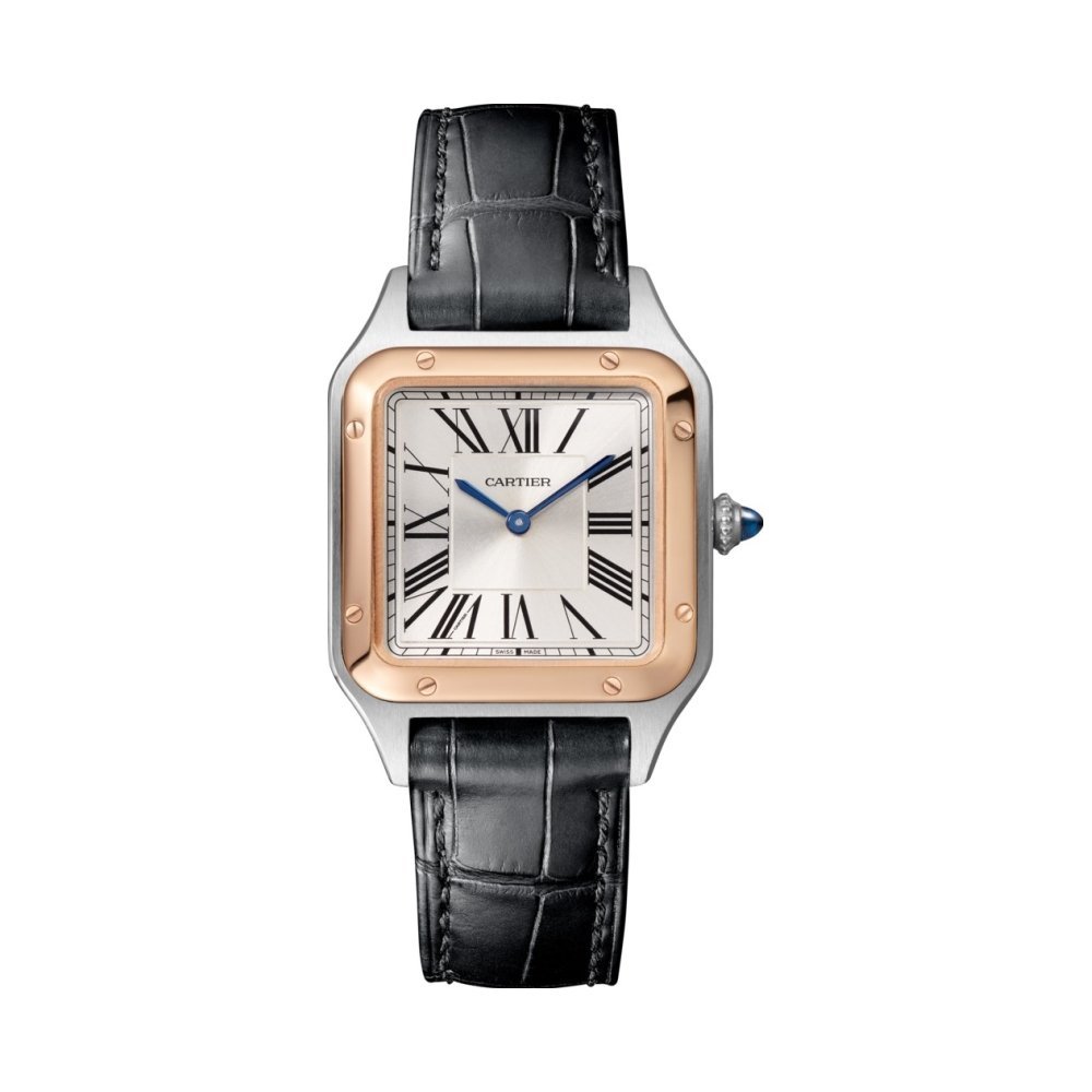 Montre Santos-Dumont Petit modèle, mouvement quartz, or rose, acier, cuir