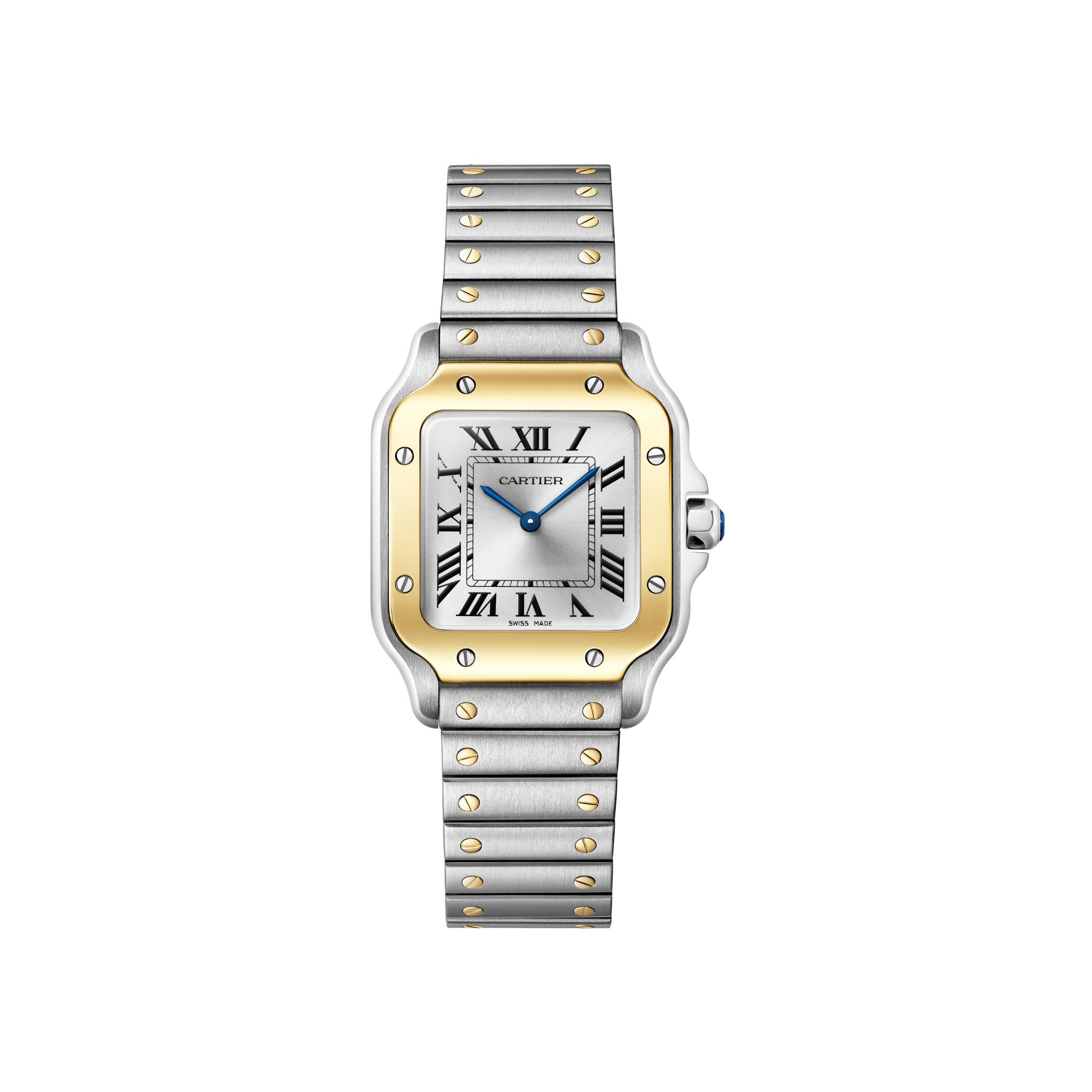 Montre Santos de Cartier Petit modèle, mouvement quartz, or jaune et acier, bracelets métal et cuir interchangeables
