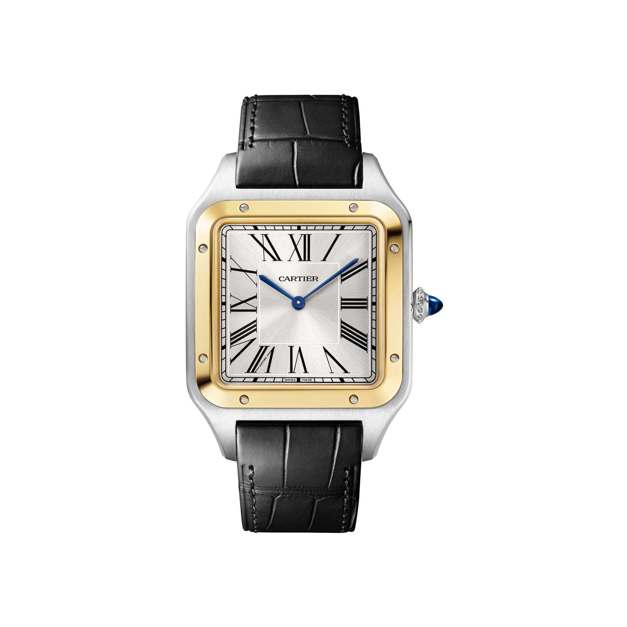 Montre Santos-Dumont de Cartier Modèle extra-large, mouvement mécanique manuel, or jaune, acier, cuir
