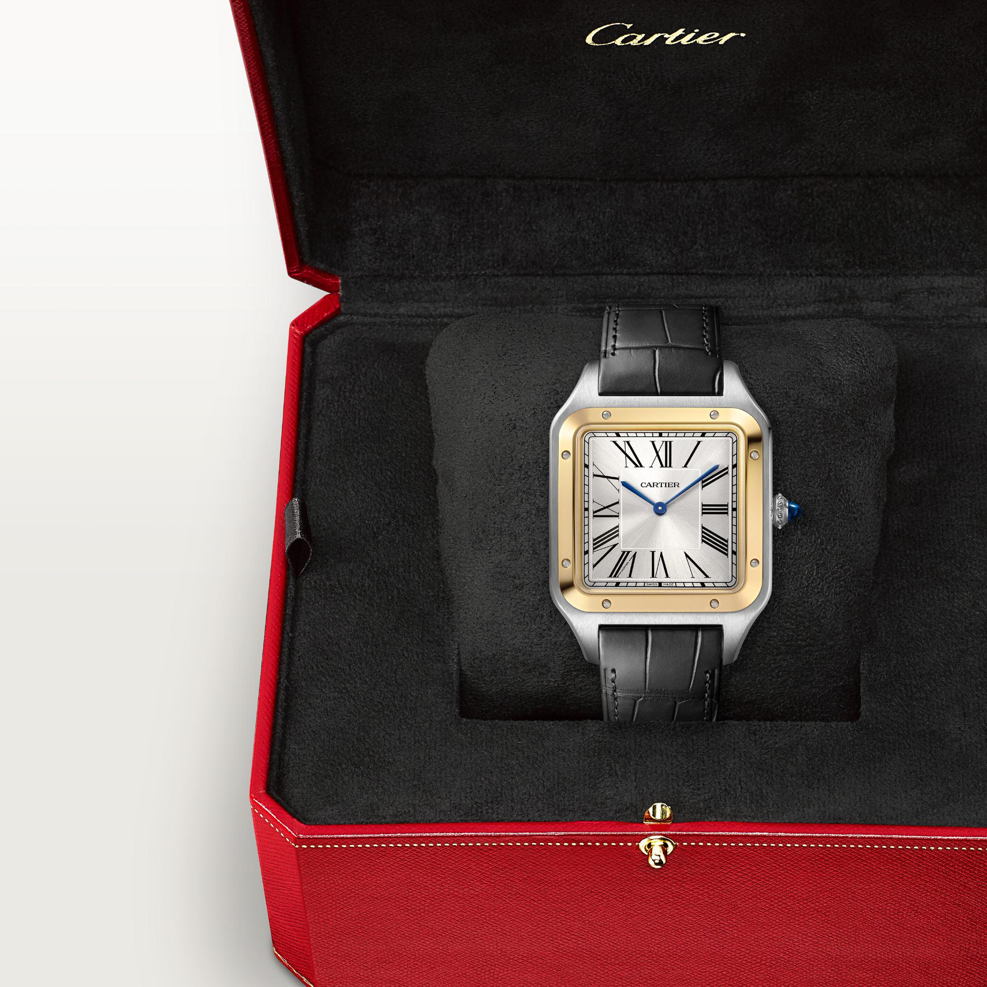 Montre Santos-Dumont de Cartier Modèle extra-large, mouvement mécanique manuel, or jaune, acier, cuir