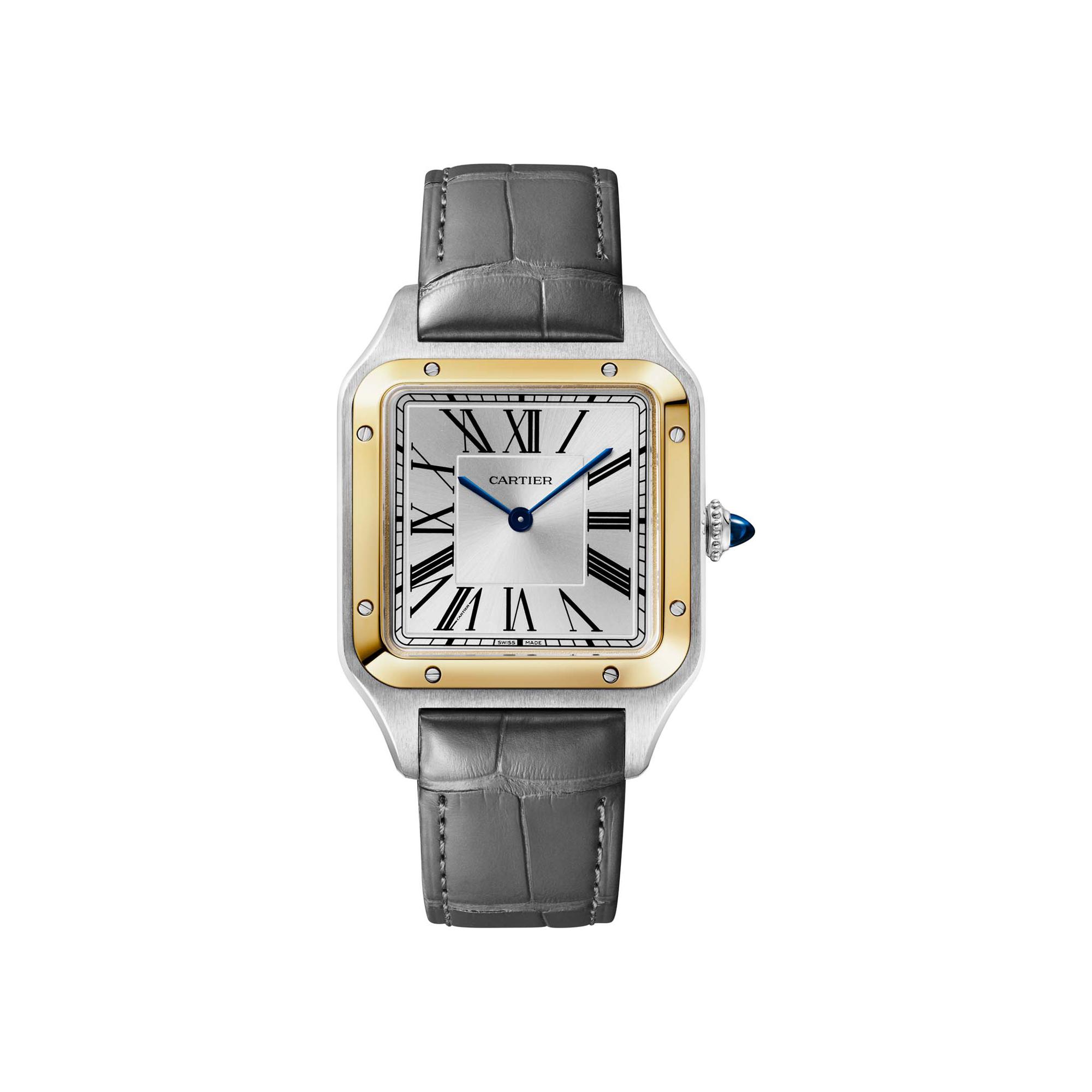Montre Santos-Dumont de Cartier Grand modèle, mouvement quartz, or jaune, acier, cuir