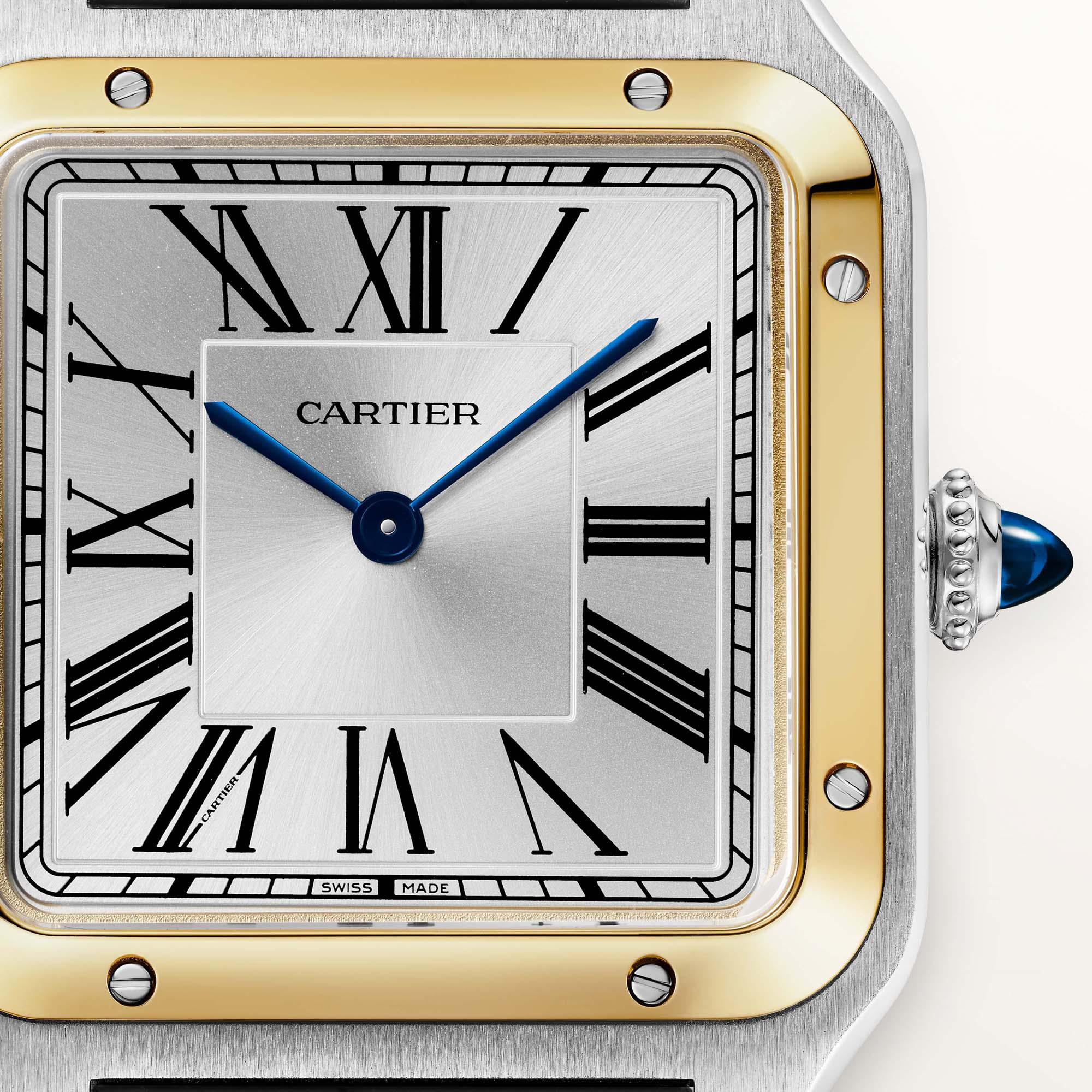 Montre Santos-Dumont de Cartier Grand modèle, mouvement quartz, or jaune, acier, cuir