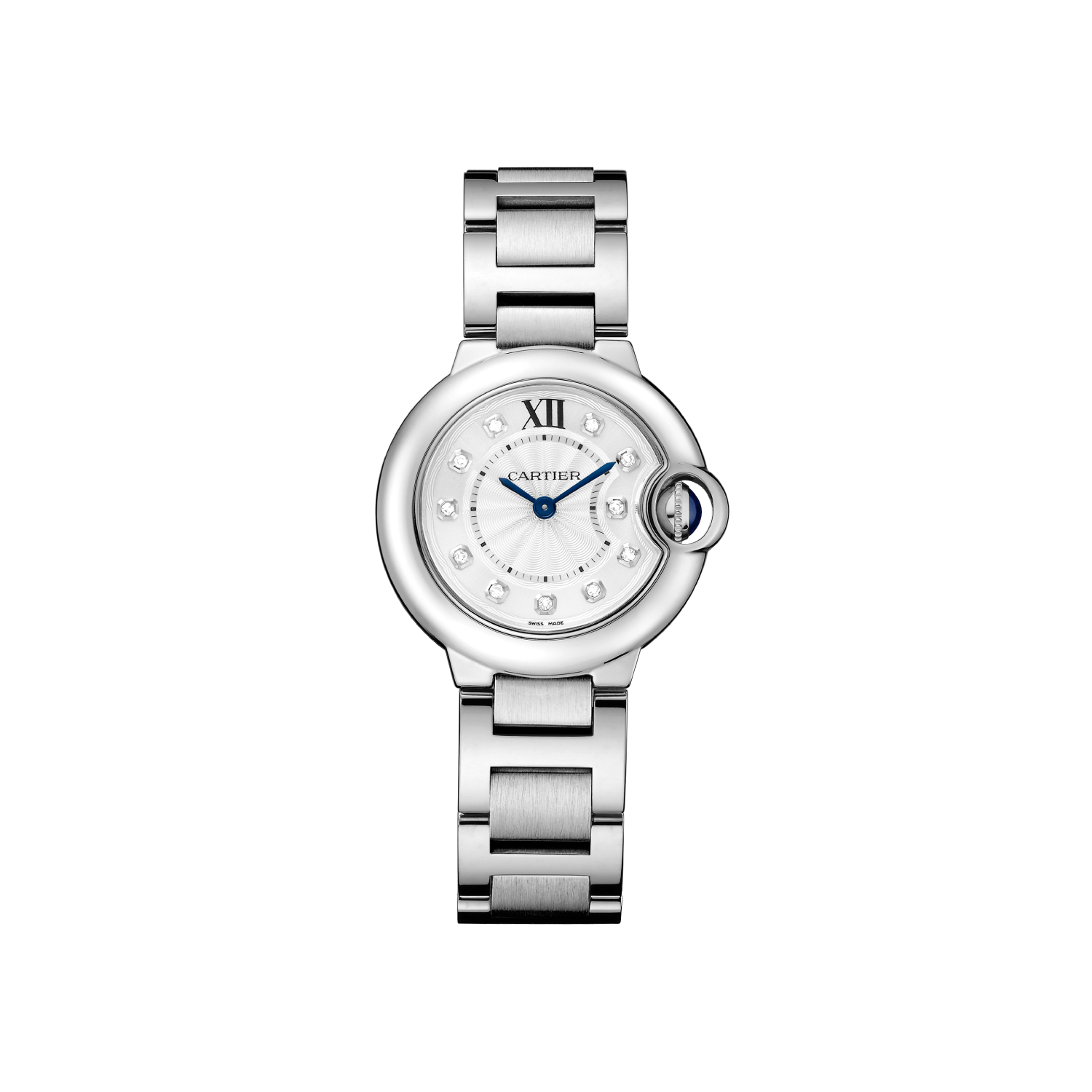 Montre Ballon Bleu de Cartier 28mm, mouvement quartz, acier, diamants