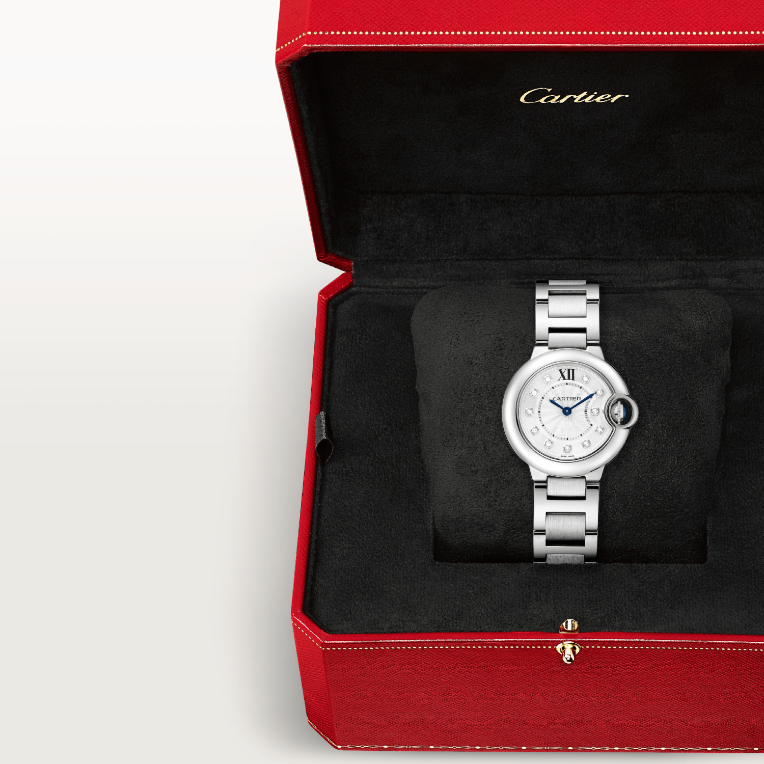 Montre Ballon Bleu de Cartier 28mm, mouvement quartz, acier, diamants