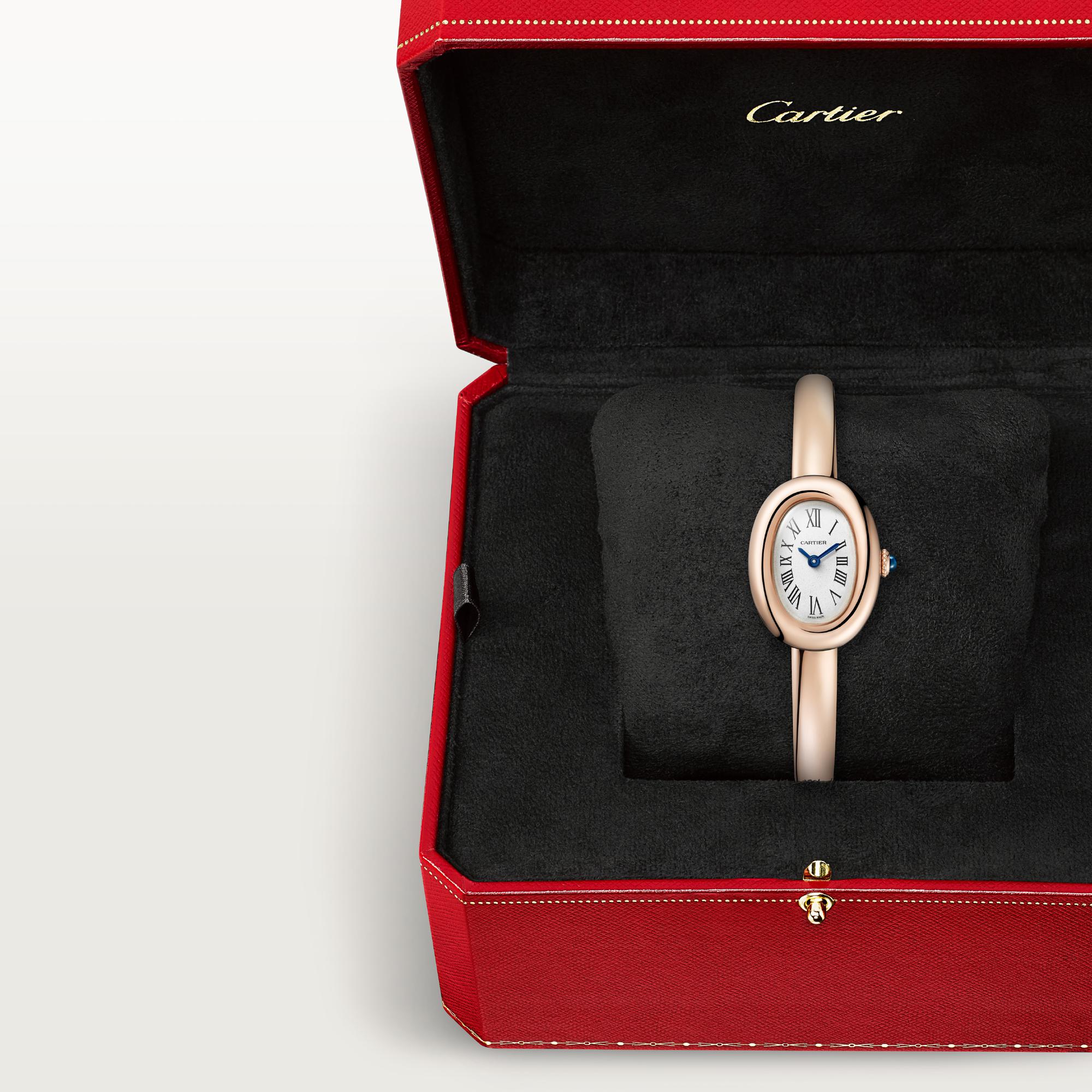 Montre Baignoire de Cartier Mini modèle, taille 15, mouvement à quartz, or rose, cabochon de saphir