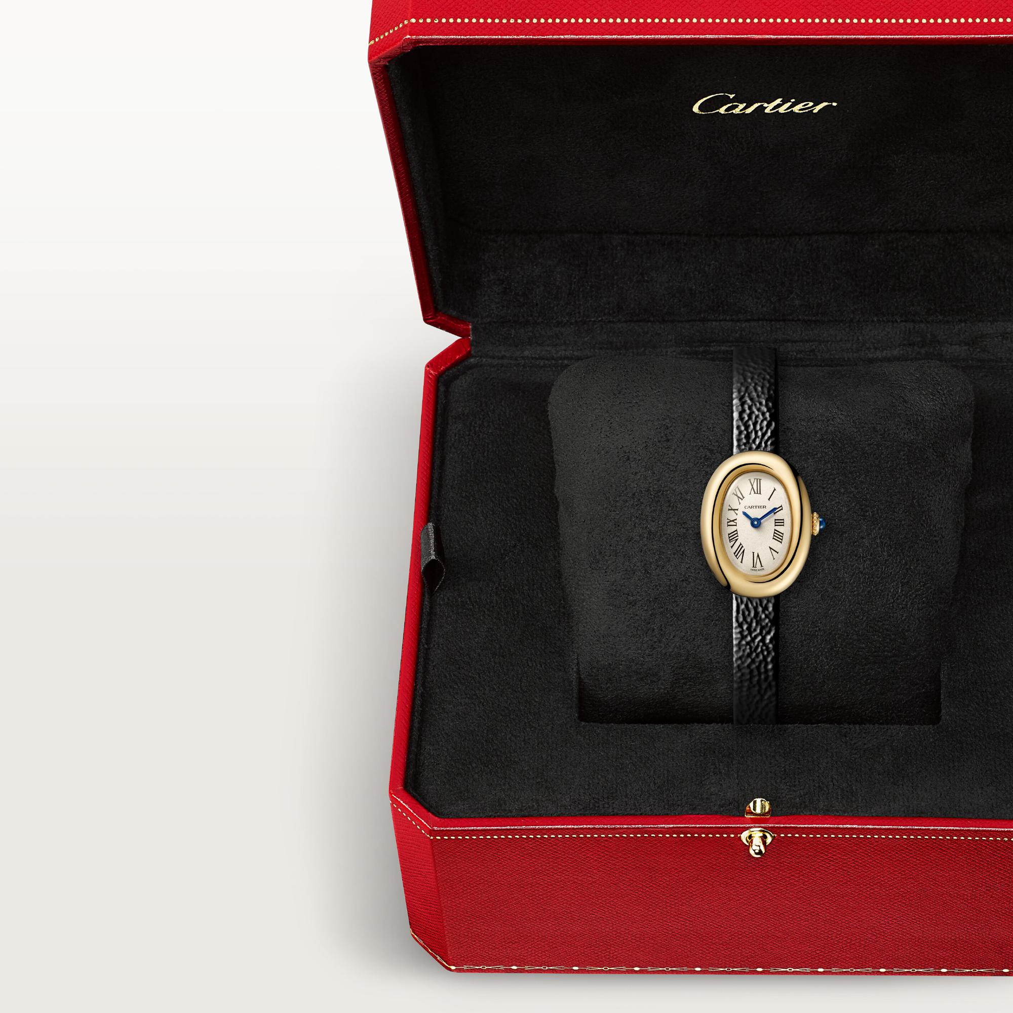 Montre Baignoire Cartier Mini modèle, mouvement quartz, or jaune, cuir