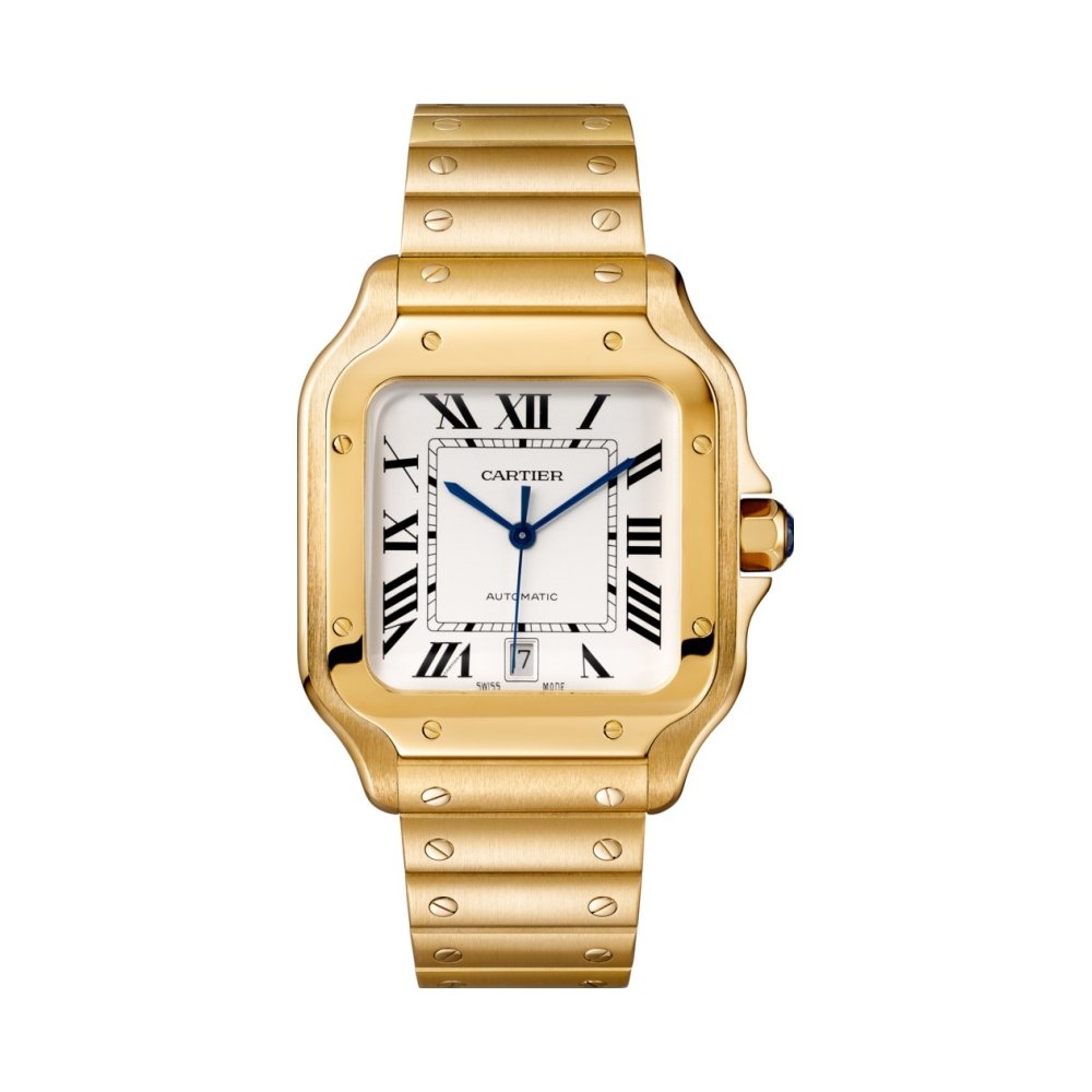 Montre Santos de Cartier Grand modèle, mouvement automatique, or jaune, bracelets métal et cuir interchangeables