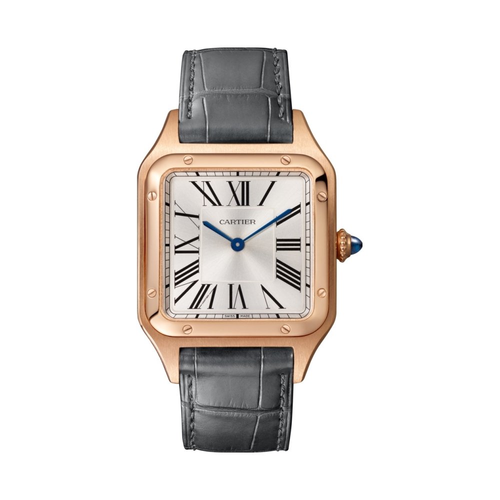 Montre Santos-Dumont Grand modèle, mouvement quartz, or rose, cuir