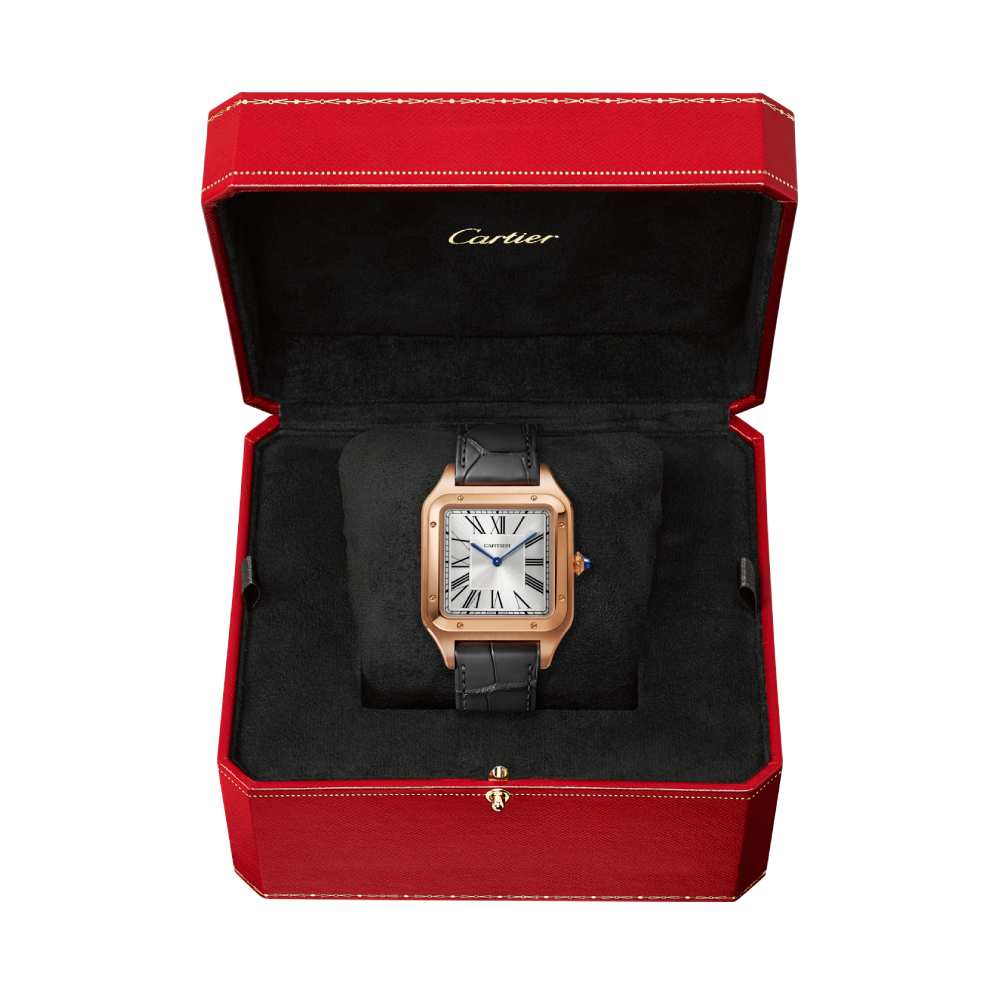 Montre Santos-Dumont, Modèle extra-large, mouvement mécanique manuel, or rose, cuir