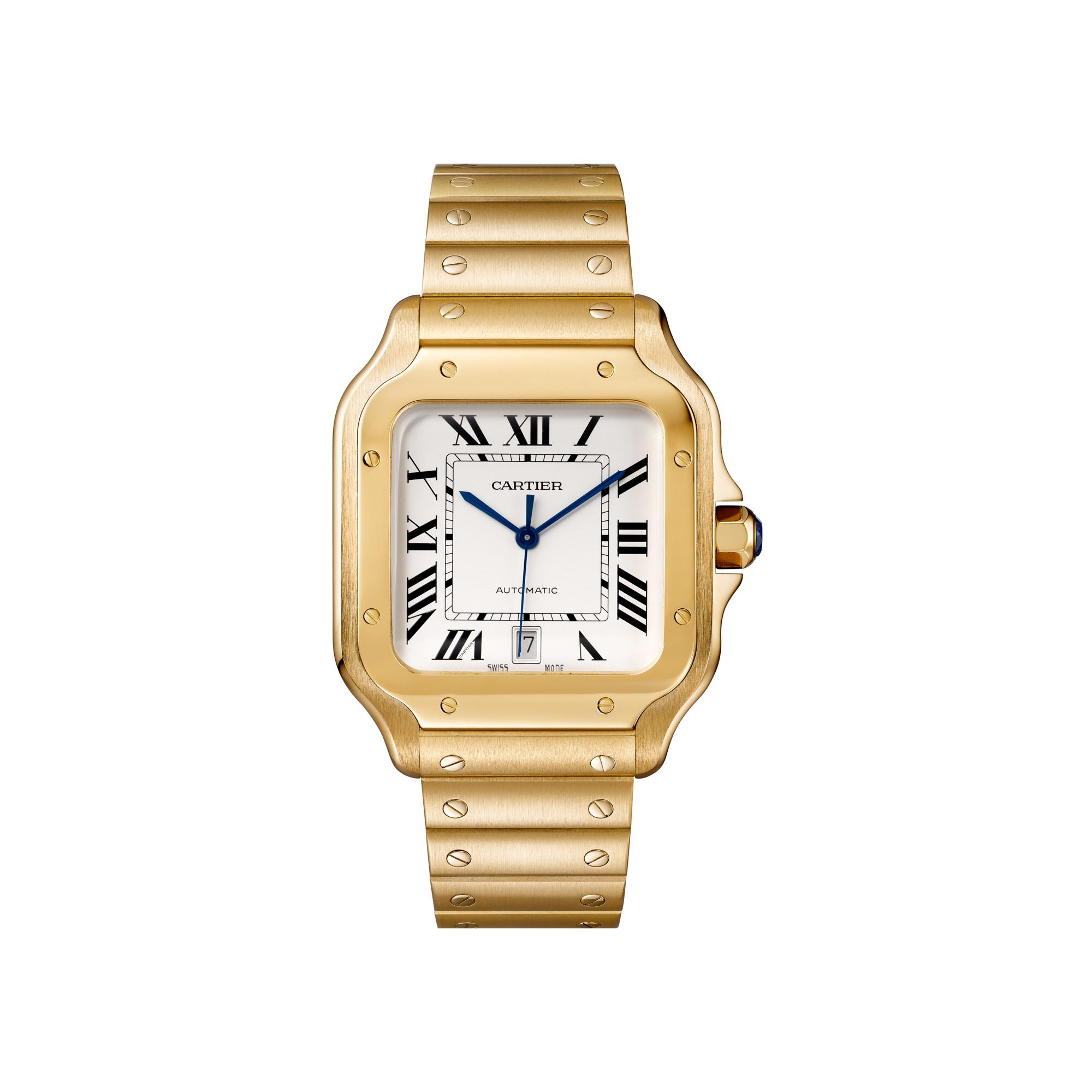 Montre Santos de Cartier Grand modèle, mouvement automatique, or jaune, bracelets métal et cuir interchangeables