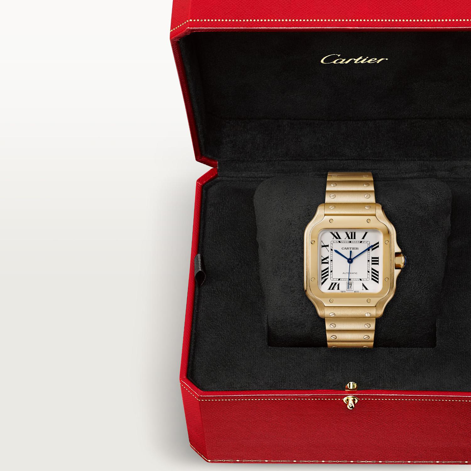 Montre Santos de Cartier Grand modèle, mouvement automatique, or jaune, bracelets métal et cuir interchangeables