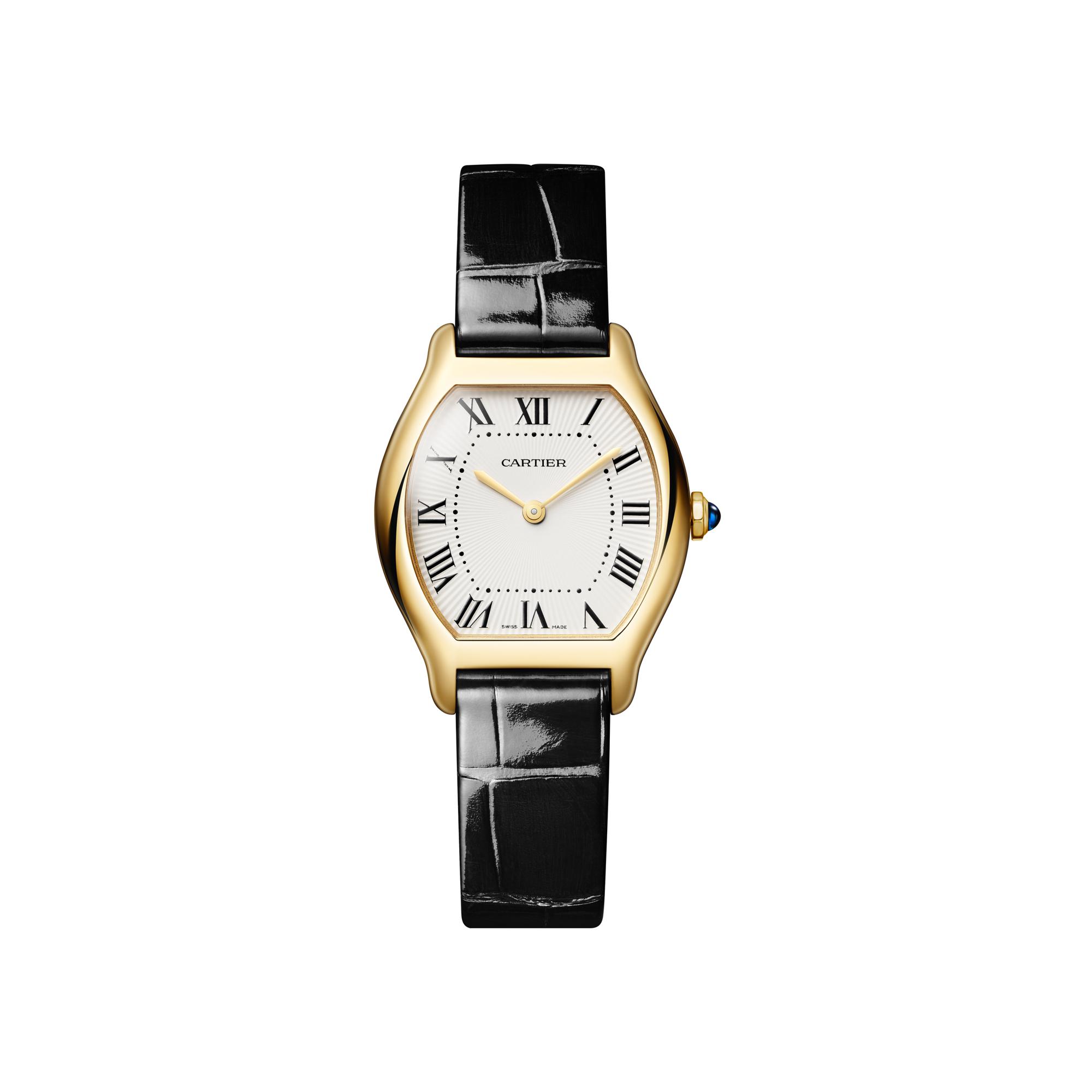 Montre Tortue Petit modèle, mouvement quartz, or jaune, cuir