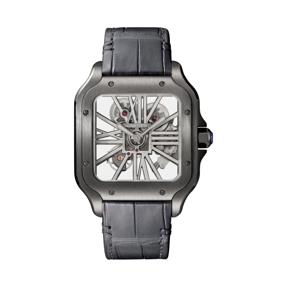 Montre Santos de Cartier Grand modèle, mouvement mécanique manuel, acier, ADLC, cuir