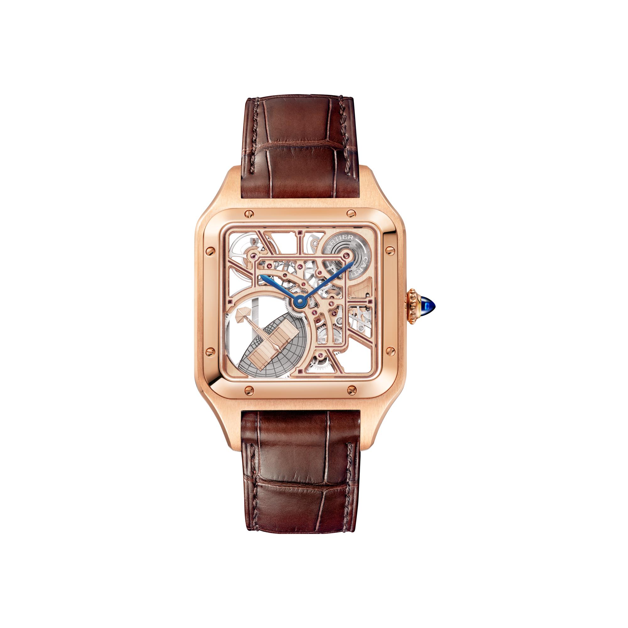 Montre Santos-Dumont Squelette Grand modèle, mouvement mécanique automatique squelette, or rose, cuir