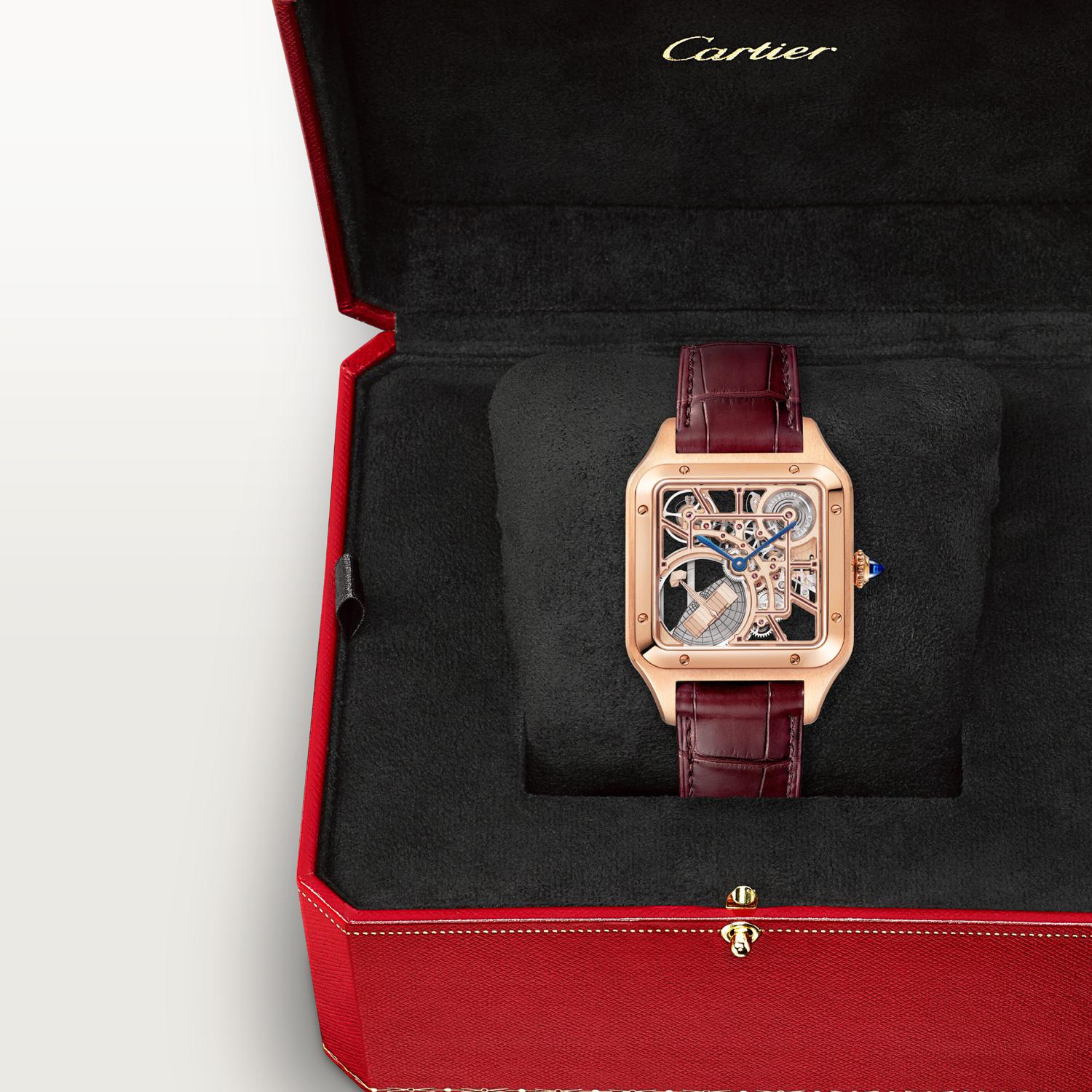 Montre Santos-Dumont Squelette Grand modèle, mouvement mécanique automatique squelette, or rose, cuir