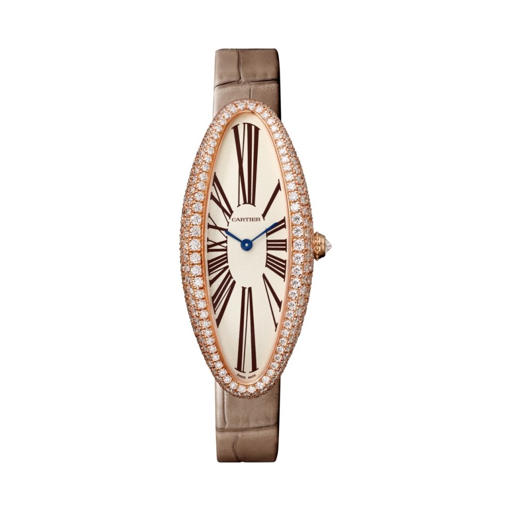 Montre Baignoire Allongée Moyen modèle, mouvement mécanique manuel, or rose, diamants