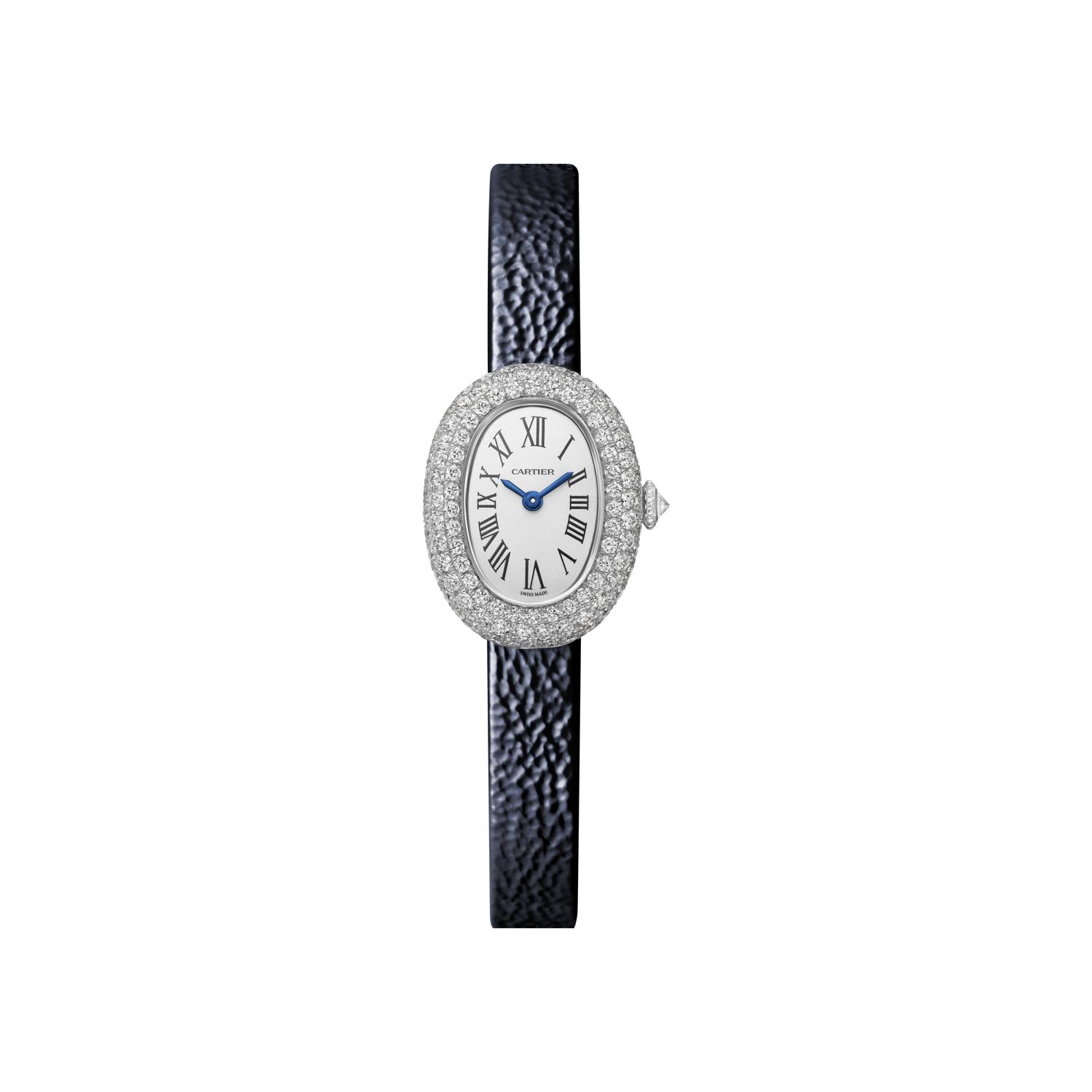 Montre Cartier Baignoire Mini modèle, mouvement quartz, or gris, diamants, cuir
