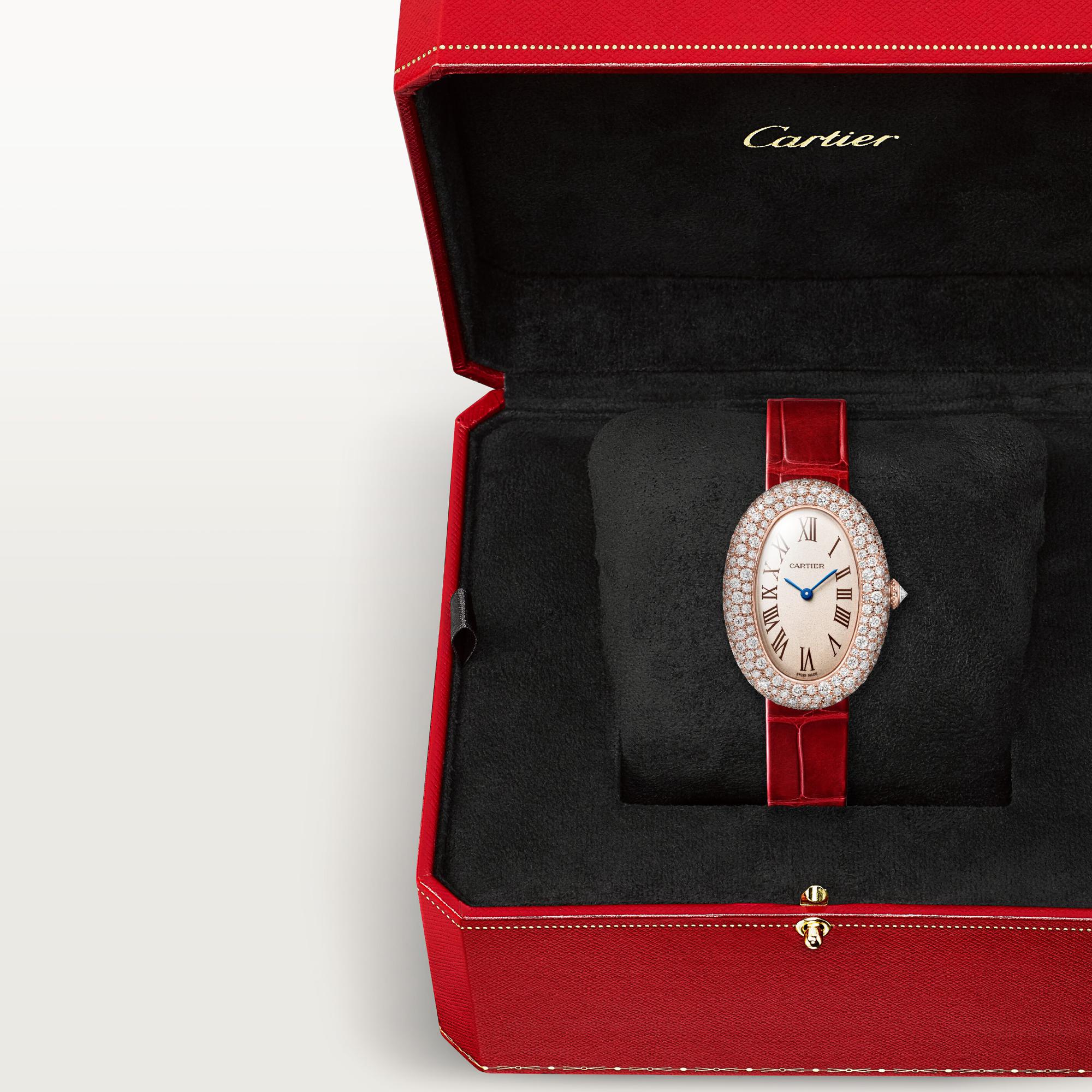 Montre Baignoire de Cartier Moyen modèle, mouvement quartz, or rose, diamants, cuir