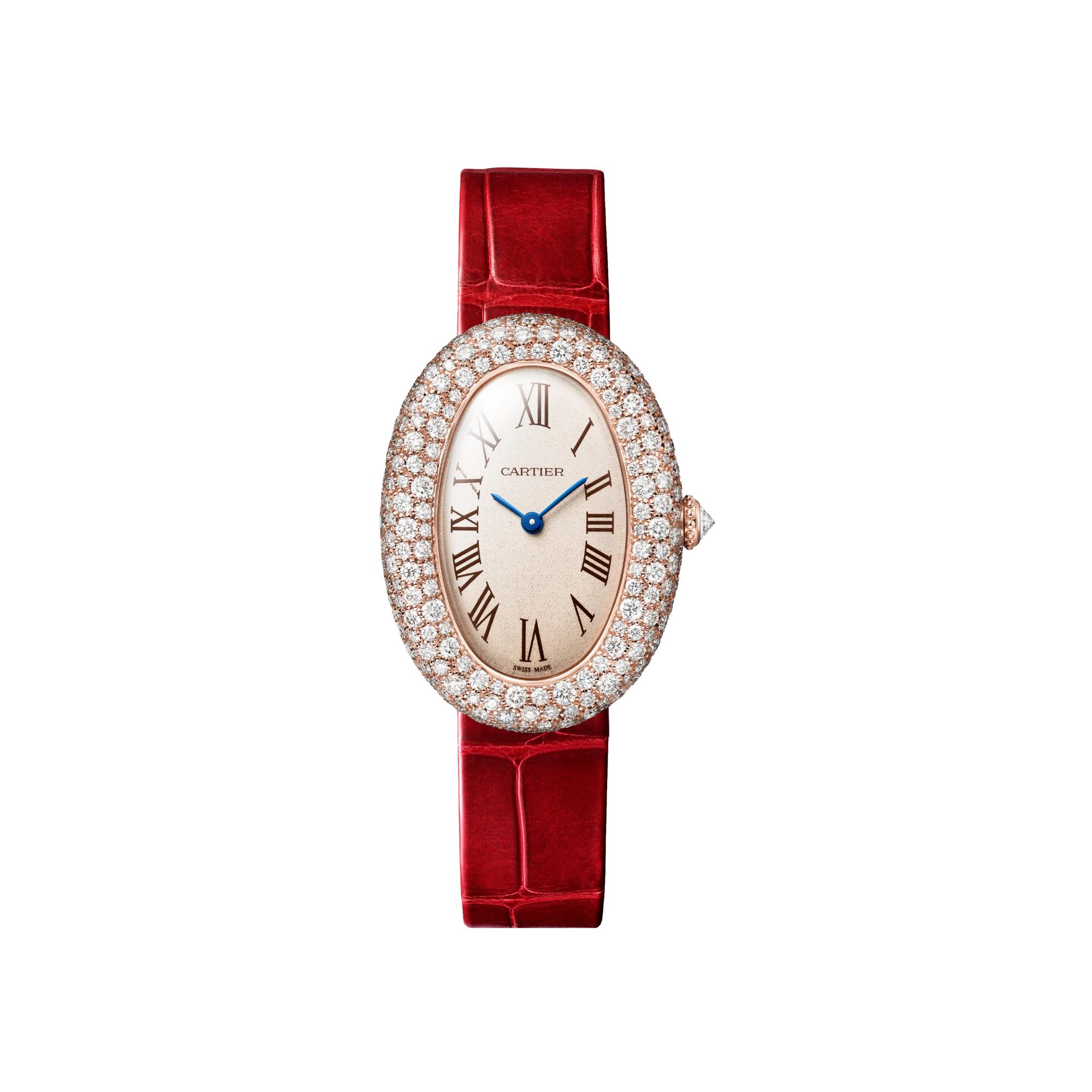 Montre Baignoire de Cartier Moyen modèle, mouvement quartz, or rose, diamants, cuir