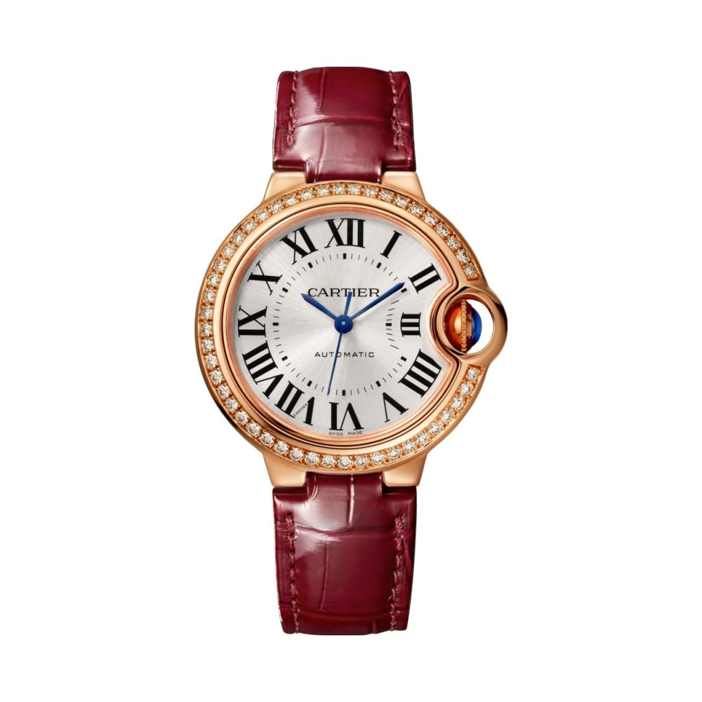 Montre Ballon Bleu de Cartier 33mm, mouvement automatique, or rose, diamants, cuir