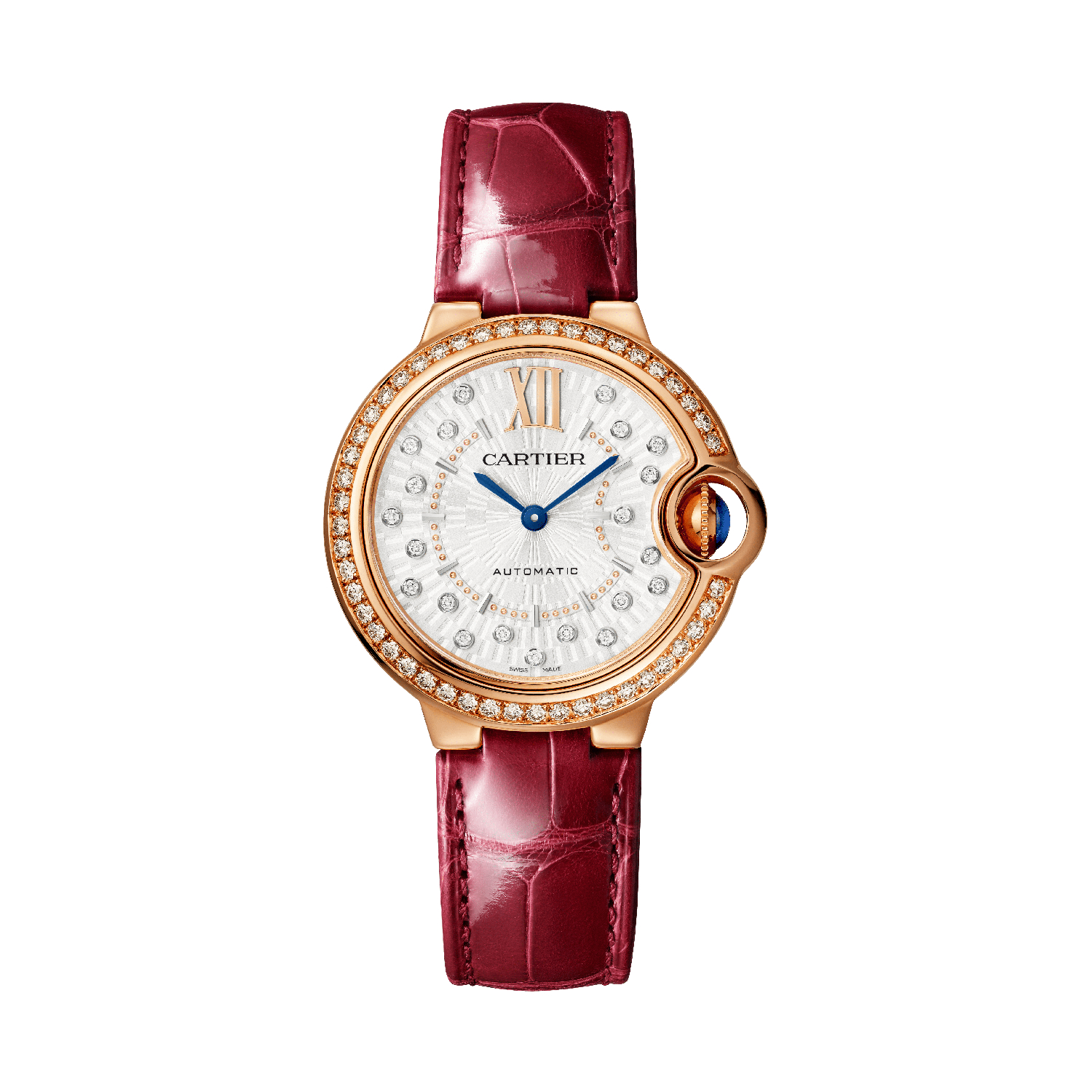 Montre Ballon Bleu de Cartier 33mm, mouvement mécanique automatique, or rose, diamants, cuir.