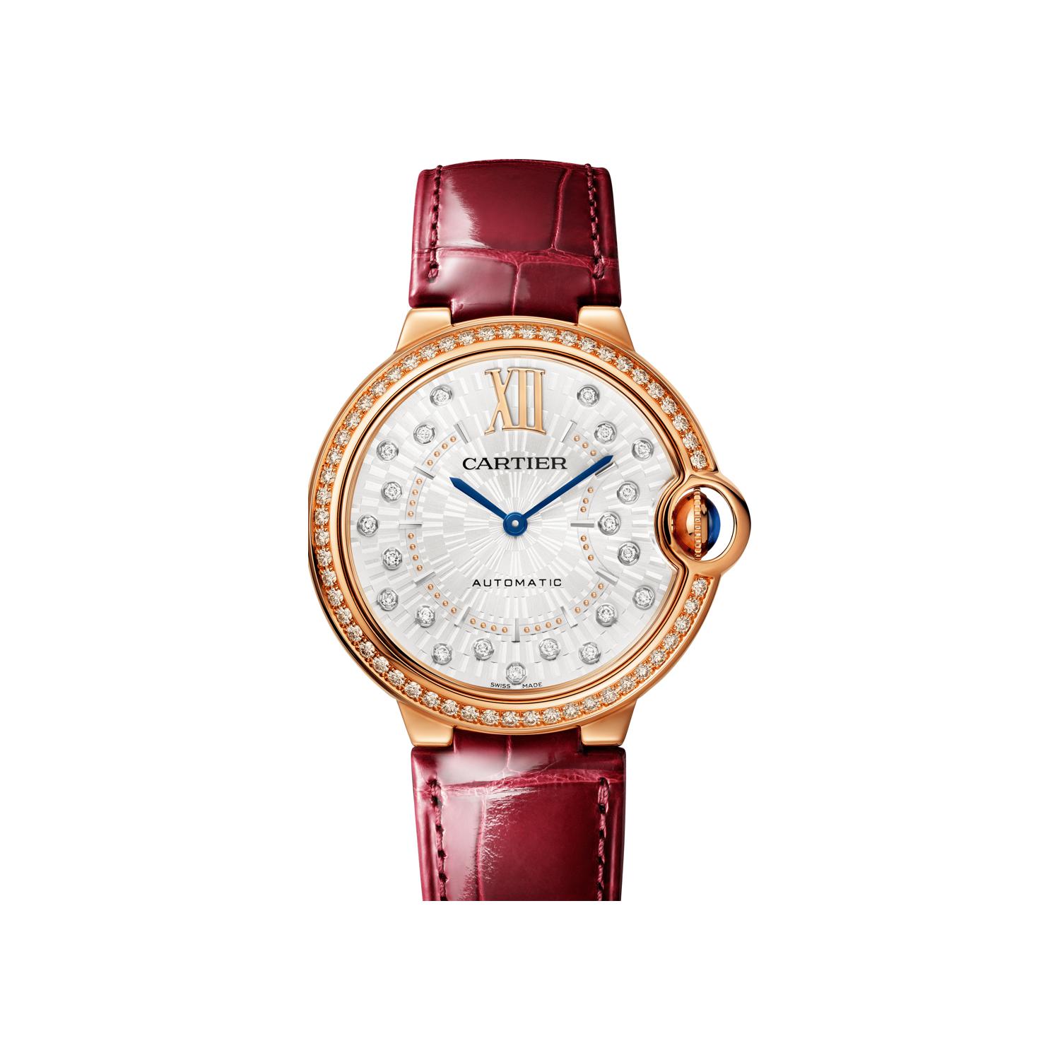 Montre Ballon Bleu de Cartier 36mm, mouvement mécanique automatique, or rose,  diamants, cuir