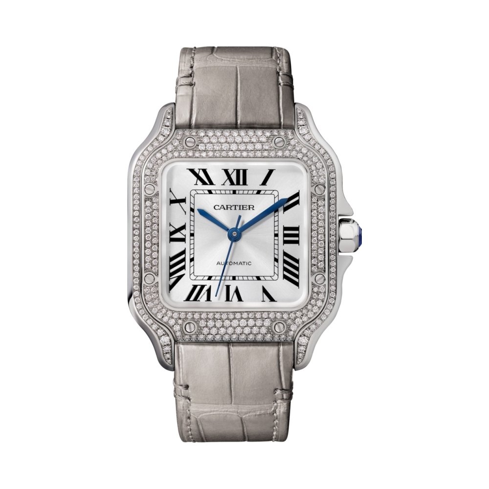 Montre Santos de Cartier Moyen modèle, mouvement automatique, or gris, diamants, 2 bracelets cuir interchangeables