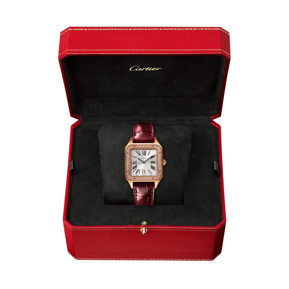 Montre Santos-Dumont Petit modèle, mouvement quartz, or rose, diamants, cuir