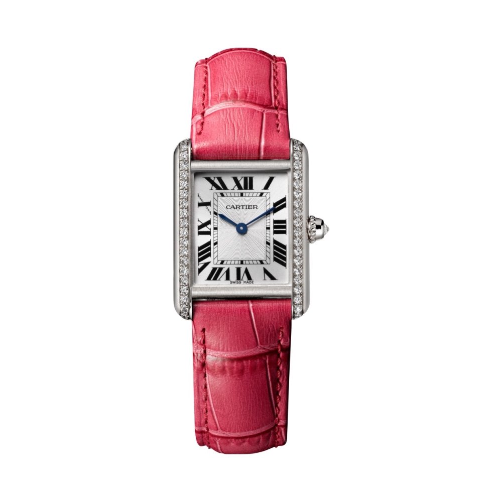 Montre Tank Louis Cartier, Petit modèle, or gris rhodié, cuir, diamants