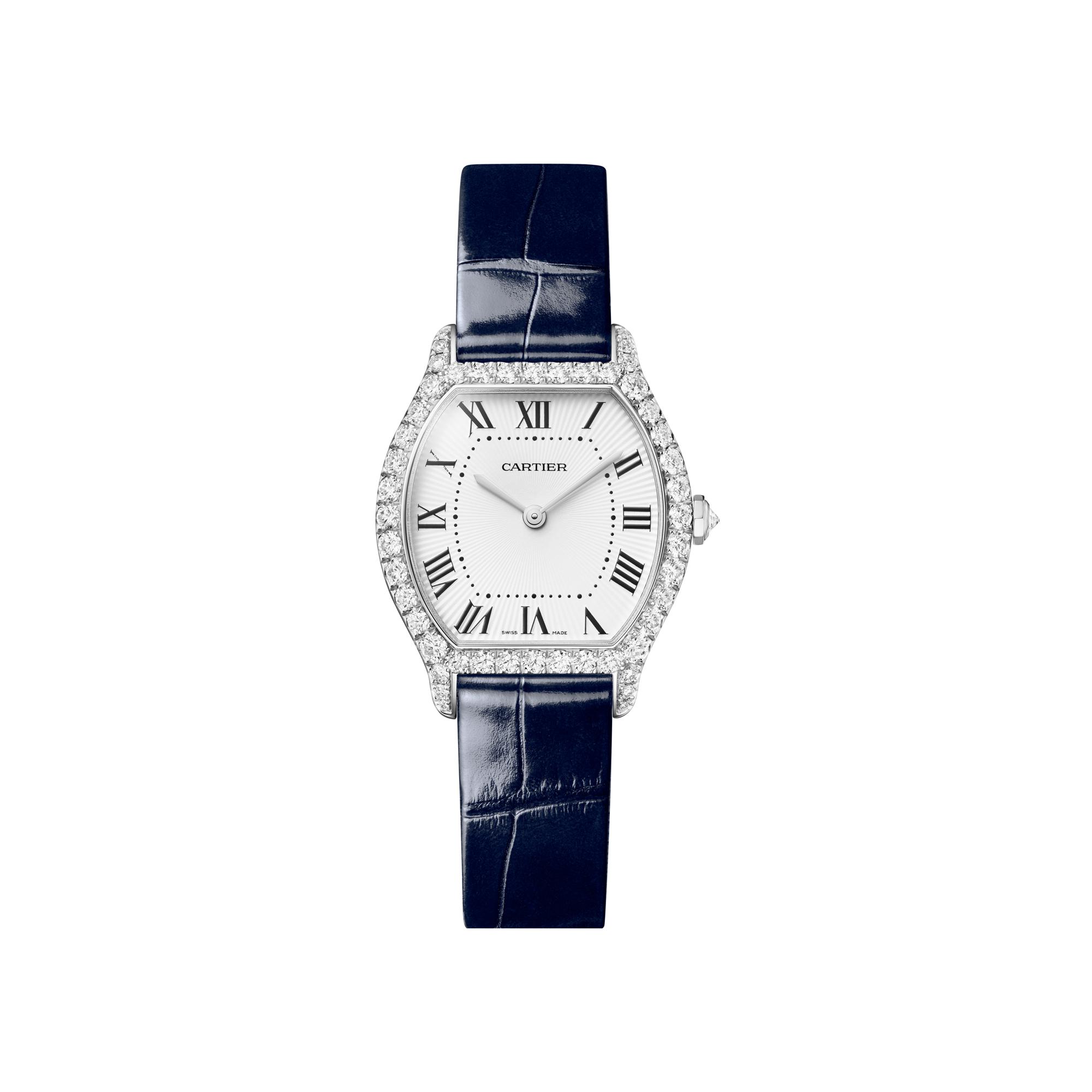 Montre Tortue Petit modèle, mouvement quartz, or gris, diamants, cuir
