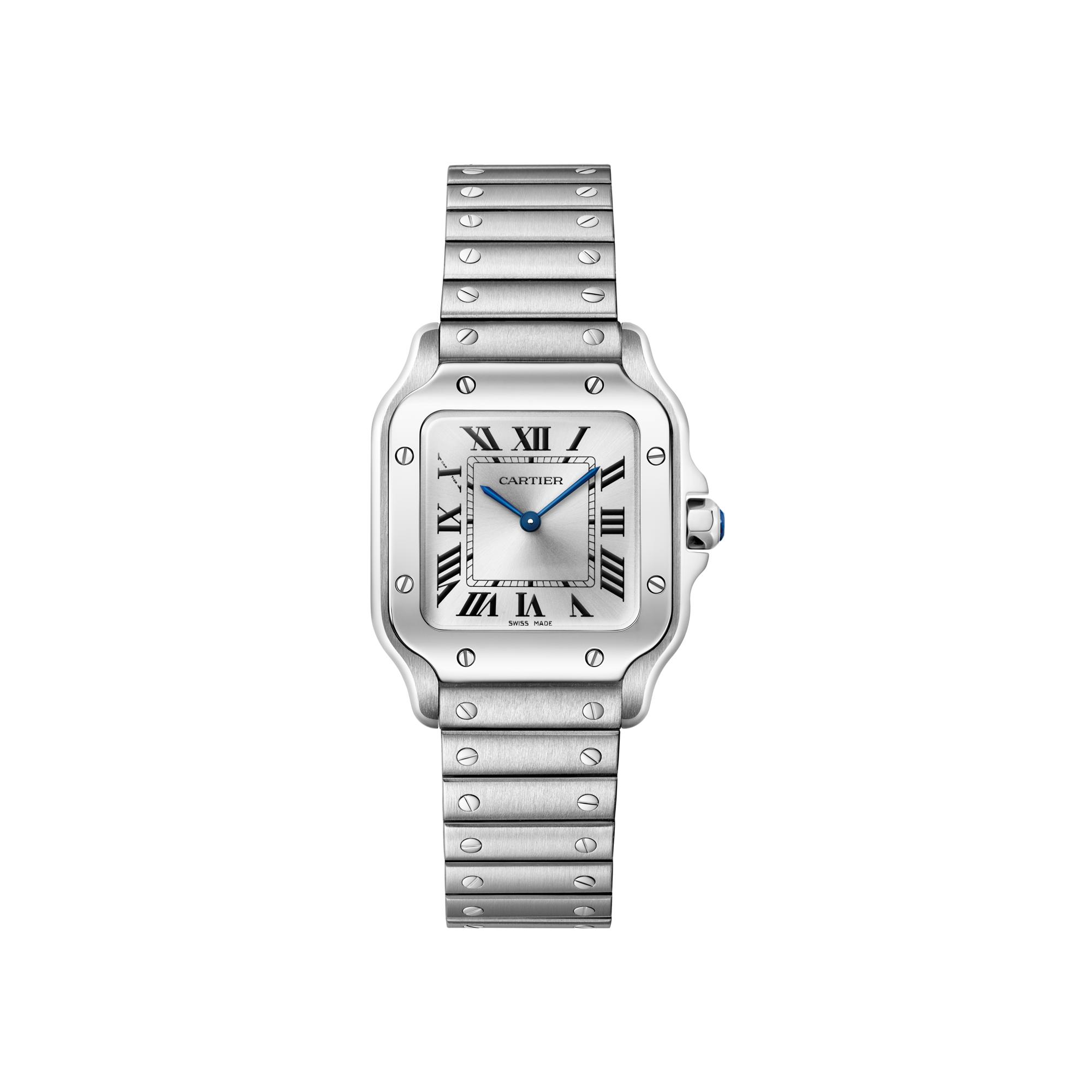 Montre Santos de Cartier Petit modèle, mouvement quartz, acier, bracelets métal et cuir interchangeables