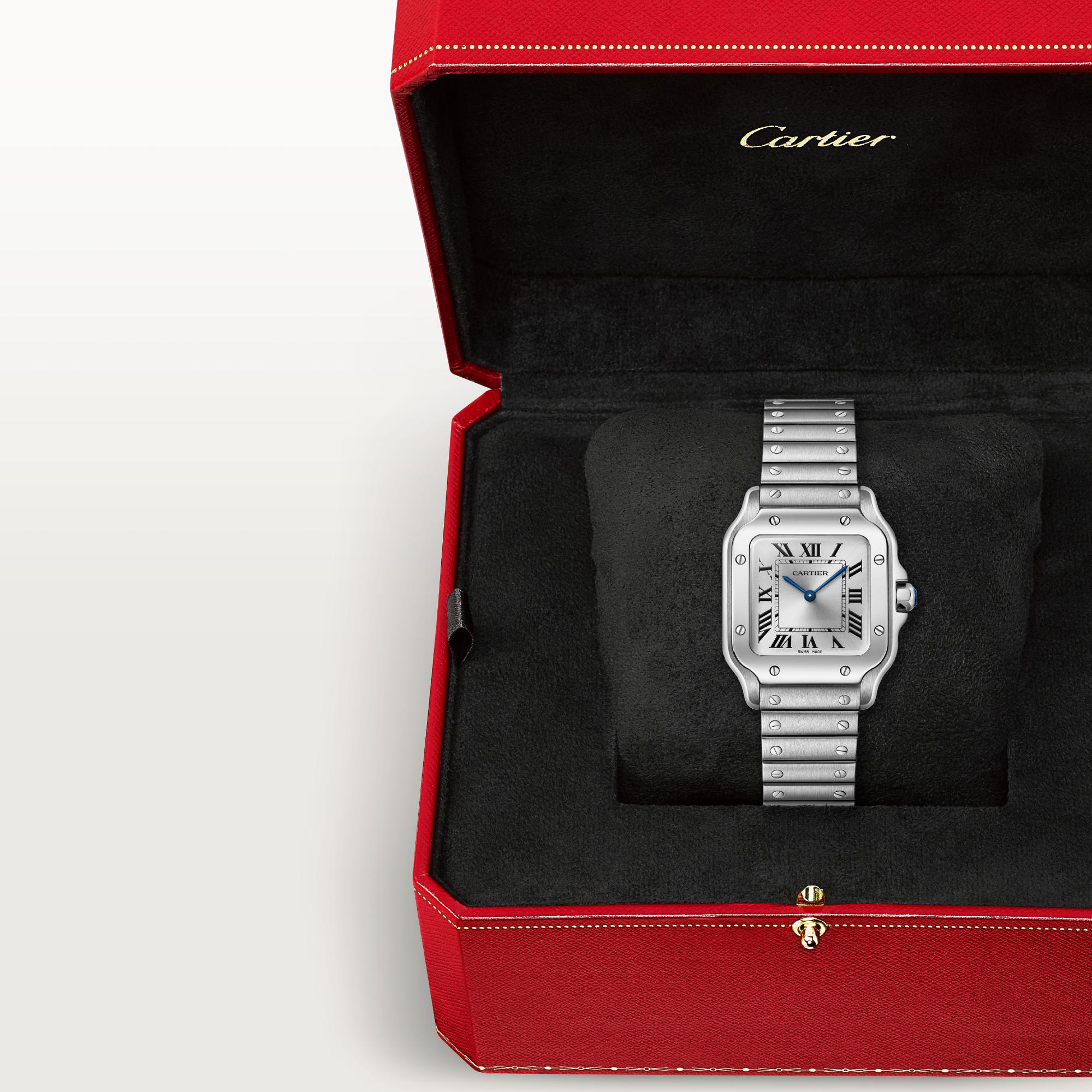 Montre Santos de Cartier Petit modèle, mouvement quartz, acier, bracelets métal et cuir interchangeables