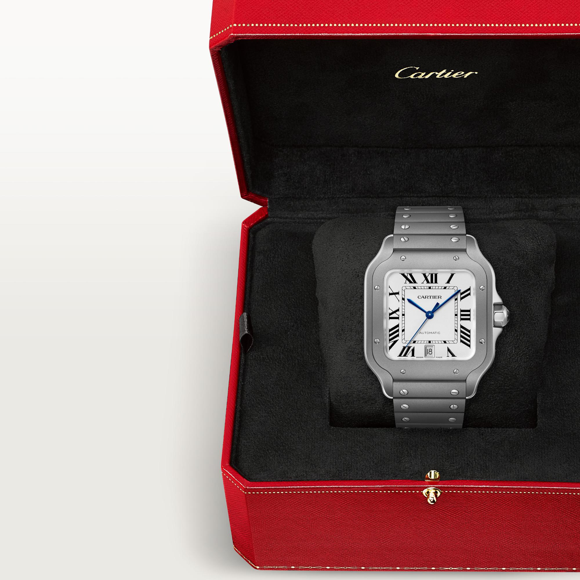 Montre Santos de Cartier Grand modèle, mouvement automatique, titane, bracelets titane et cuir interchangeables