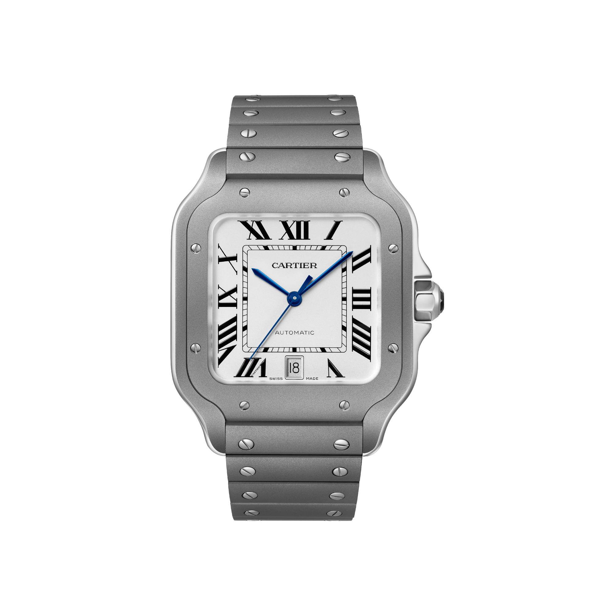 Montre Santos de Cartier Grand modèle, mouvement automatique, titane, bracelets titane et cuir interchangeables