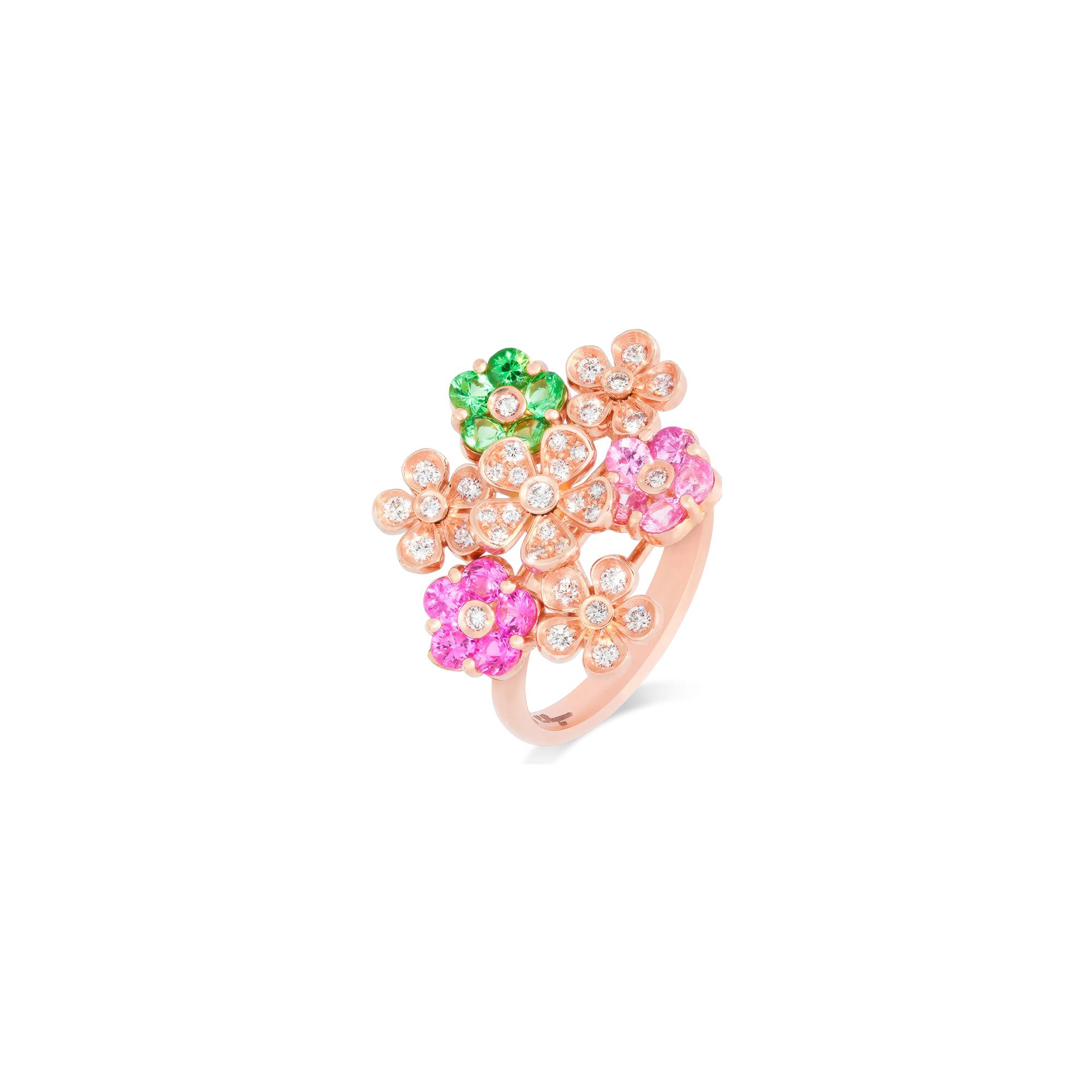 Bague Cesare Pompanon Primavera trembleuse en or rose, diamants, tsavorites et saphirs roses, petit modèle