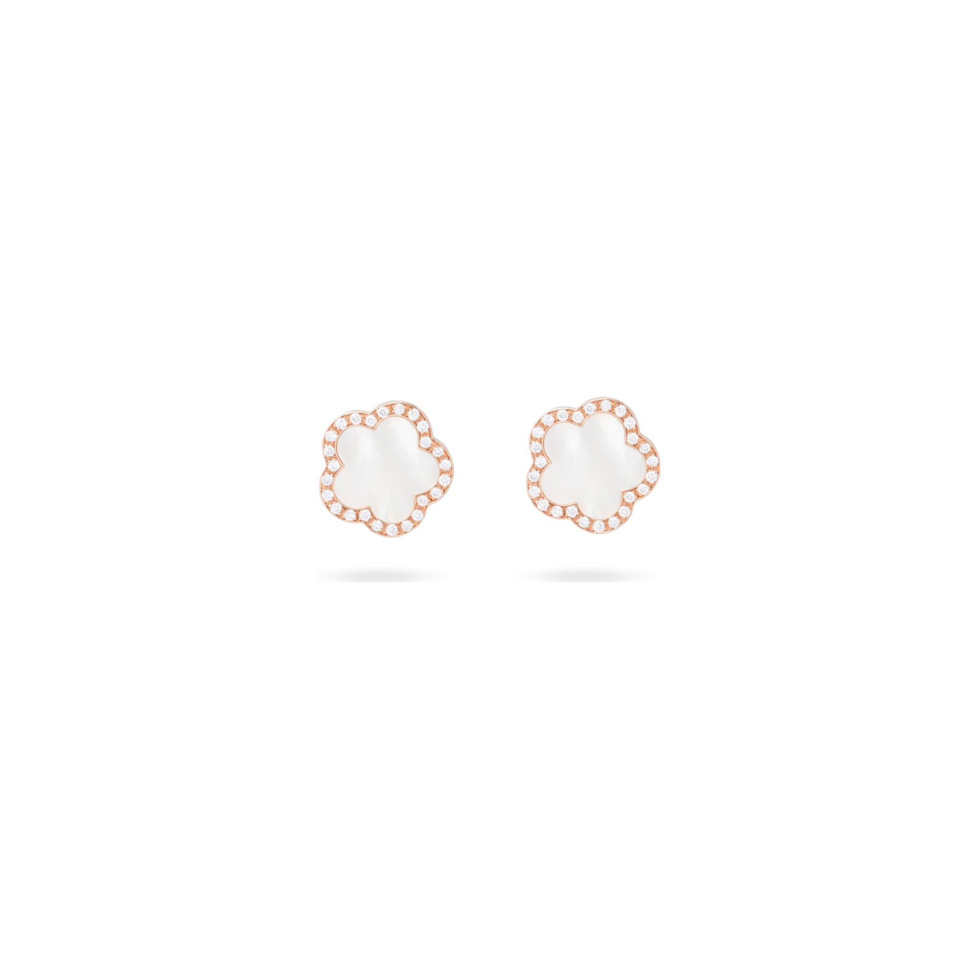 Boucles d'oreilles Puces Cesare Pompanon Fiore di Mamma en or rose, diamants et nacre blanche, petit modèle