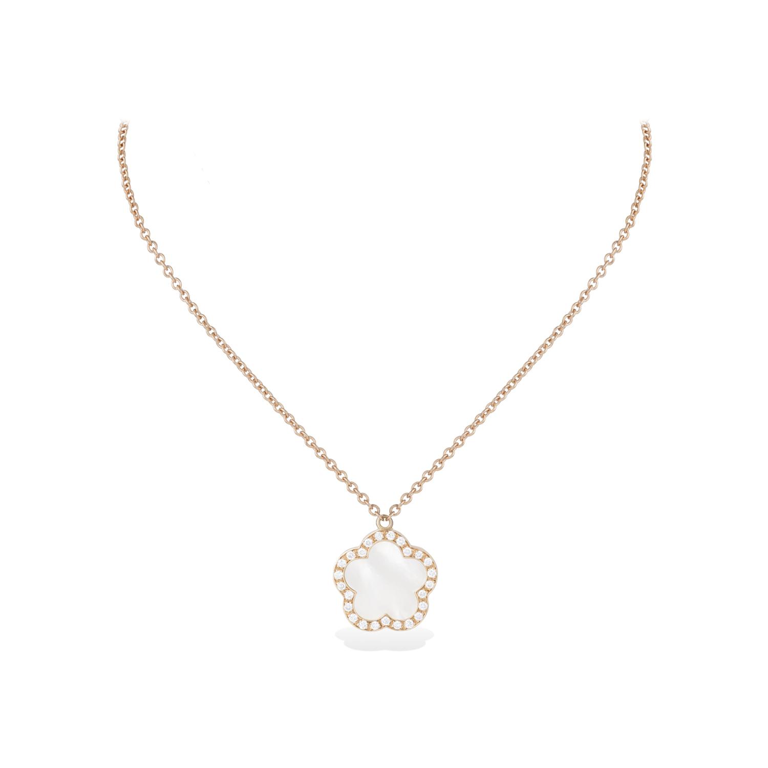 Collier Cesare Pompanon Fiore di Mamma entourage diamants petit modèle en or rose et gris blanche