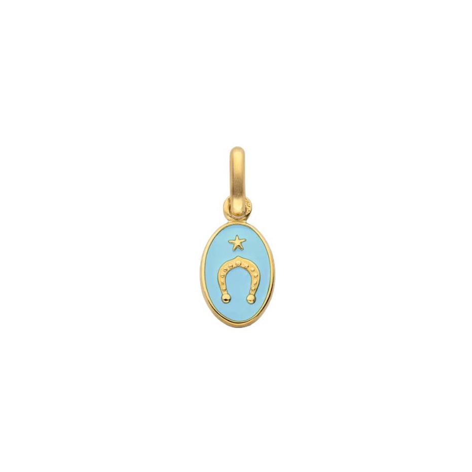 Médaille Arthus Bertrand Ma Mini Médaille Fer à Cheval en or jaune et laque bleu ciel, 10 mm