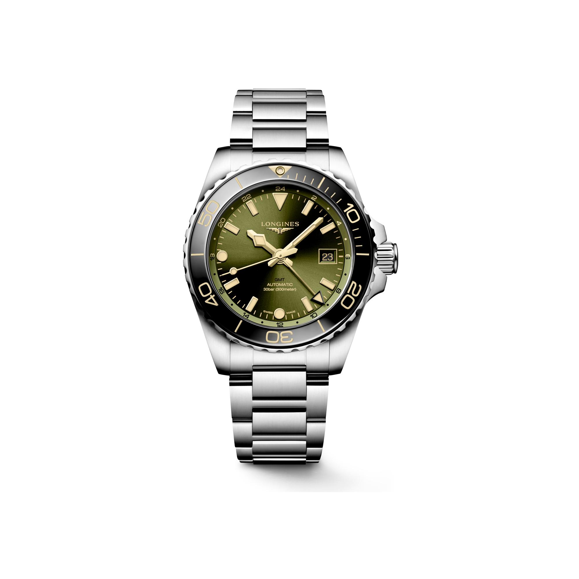 Montre Longines HydroConquest GMT L3.790.4.06.6 cadran Vert bracelet Acier L3.790.4.06.6